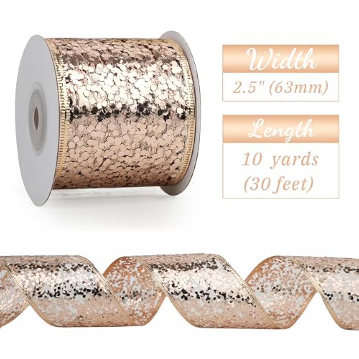 Rose Gold Wired Ribbon 2.5 Inch Rose Pink Shimmery Glitter Metallic Ri