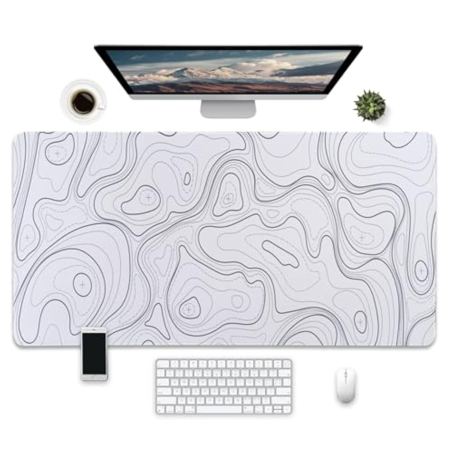 Large Desk Mat With Topographic Pattern, 31.5 X 15.7 Inches, White And Black?Gaming Mouse Pad With Non-Slip Base