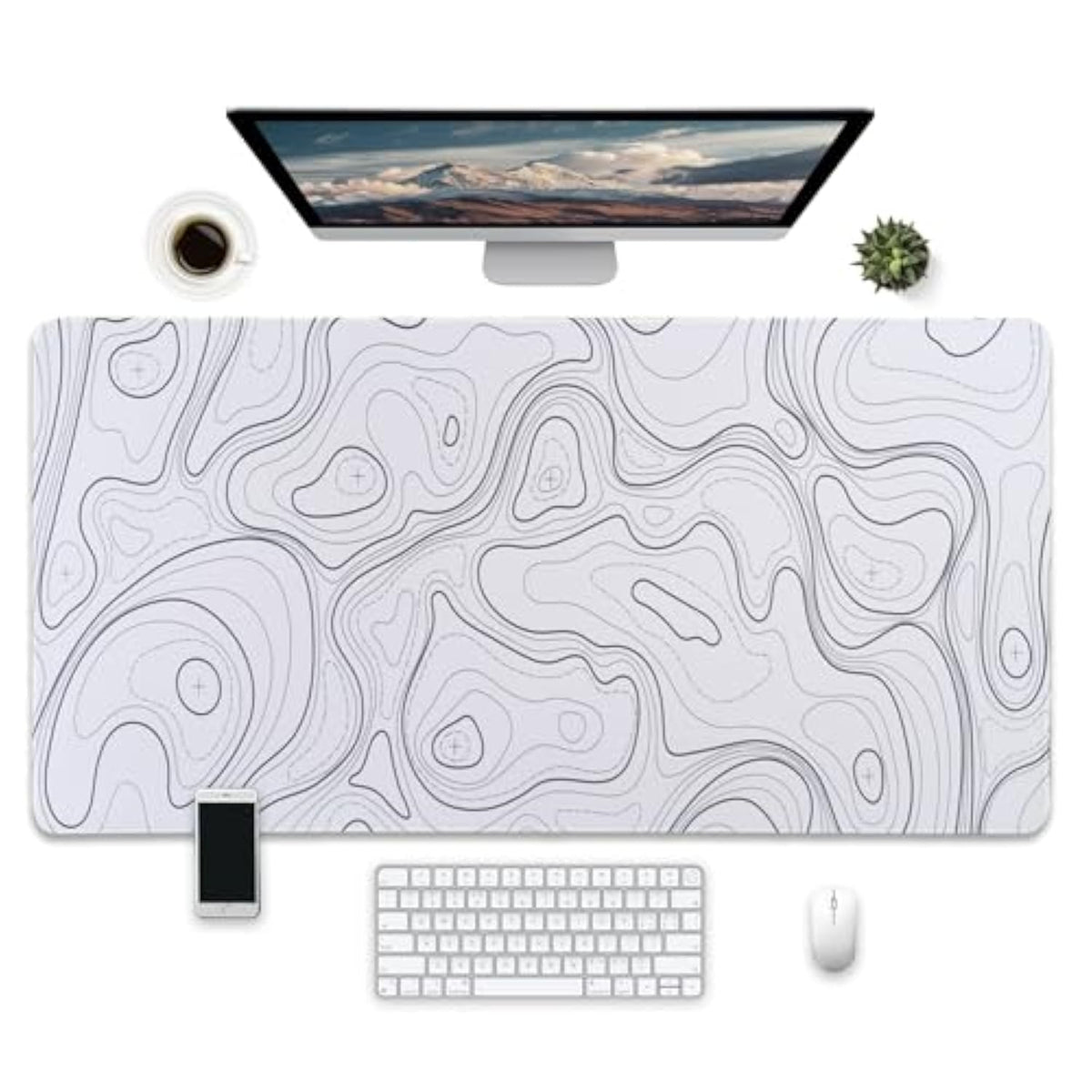 Large Desk Mat With Topographic Pattern, 31.5 X 15.7 Inches, White And Black?Gaming Mouse Pad With Non-Slip Base