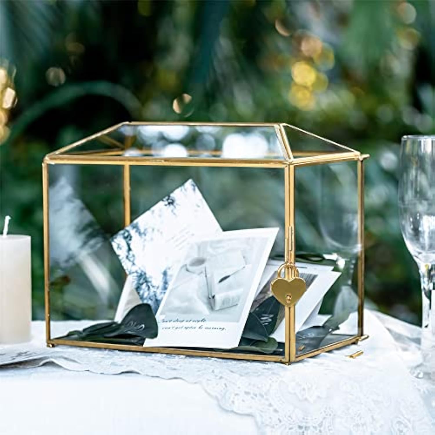 Small 10.2" X 5.9" X 7.9" Glass Cards Box With Slot And Lock For Wedding Reception - Home Birthdays Party Geometric Decorative, Gold - Slot Length 6.3 Inches (Glass Box Only)