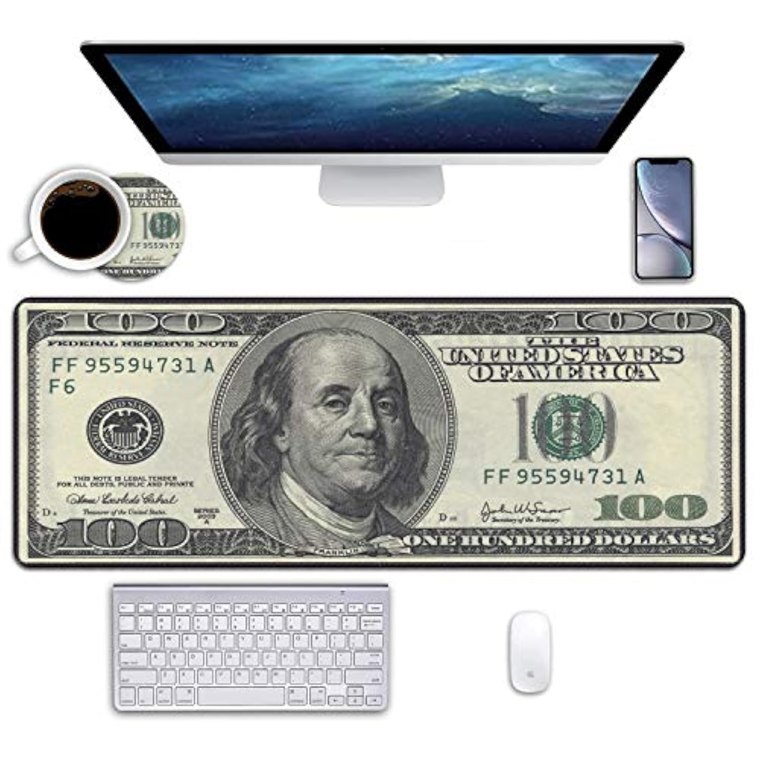 Desk Pad Mat Gaming Mouse Pads With Coasters, 31.5" ×11.8" Large Xxl Non-Slip Rubber Base Mousepad With Stitched Edges For Work & Gaming, Office & Home (100 Dollar Bill)
