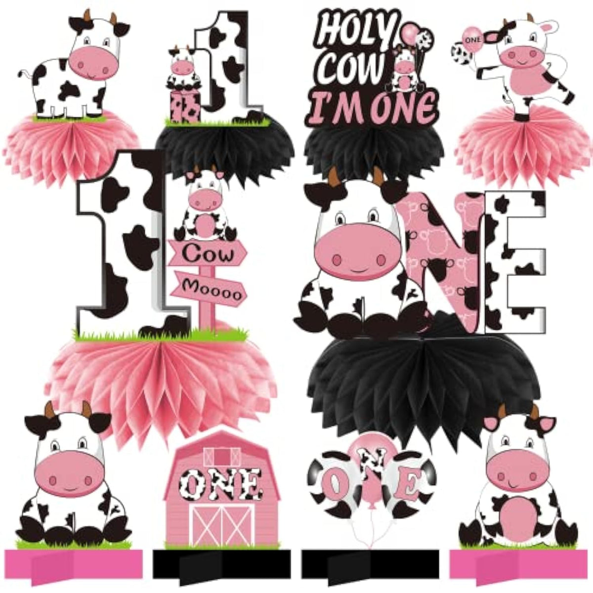 Holy Cow I'M One Birthday Decorations Girls, Cow First Birthday Honeycomb Centerpiece Party Supplies, Baby 1St Birthday Cow Themed Table Toppers Sign Decor