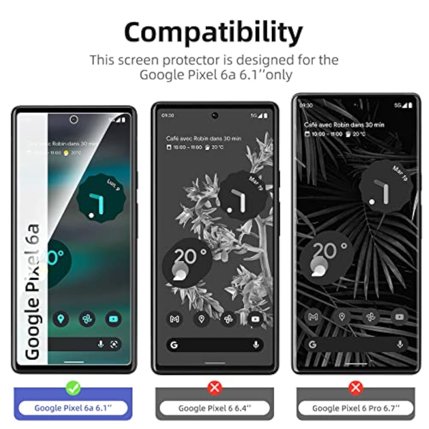 3-Pack Google Pixel 6A 6.1" Tempered Glass Screen Protectors Anti-Scratch