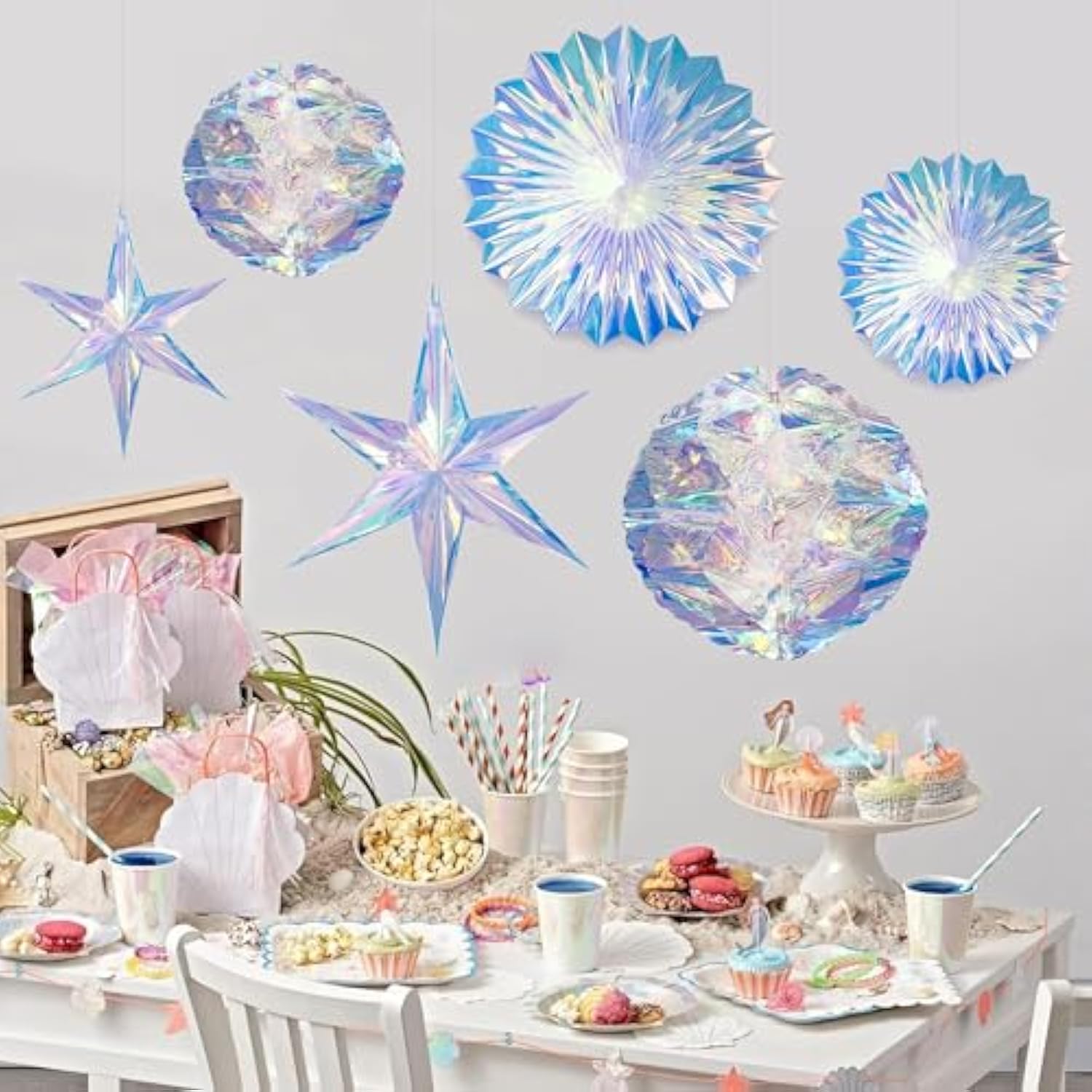 Iridescent Decorations With Hanging Honeycomb Ball Fan Snowflake Garlands Birthday Wedding Frozen Theme Children'S Party Supplies Christmas Disco Party