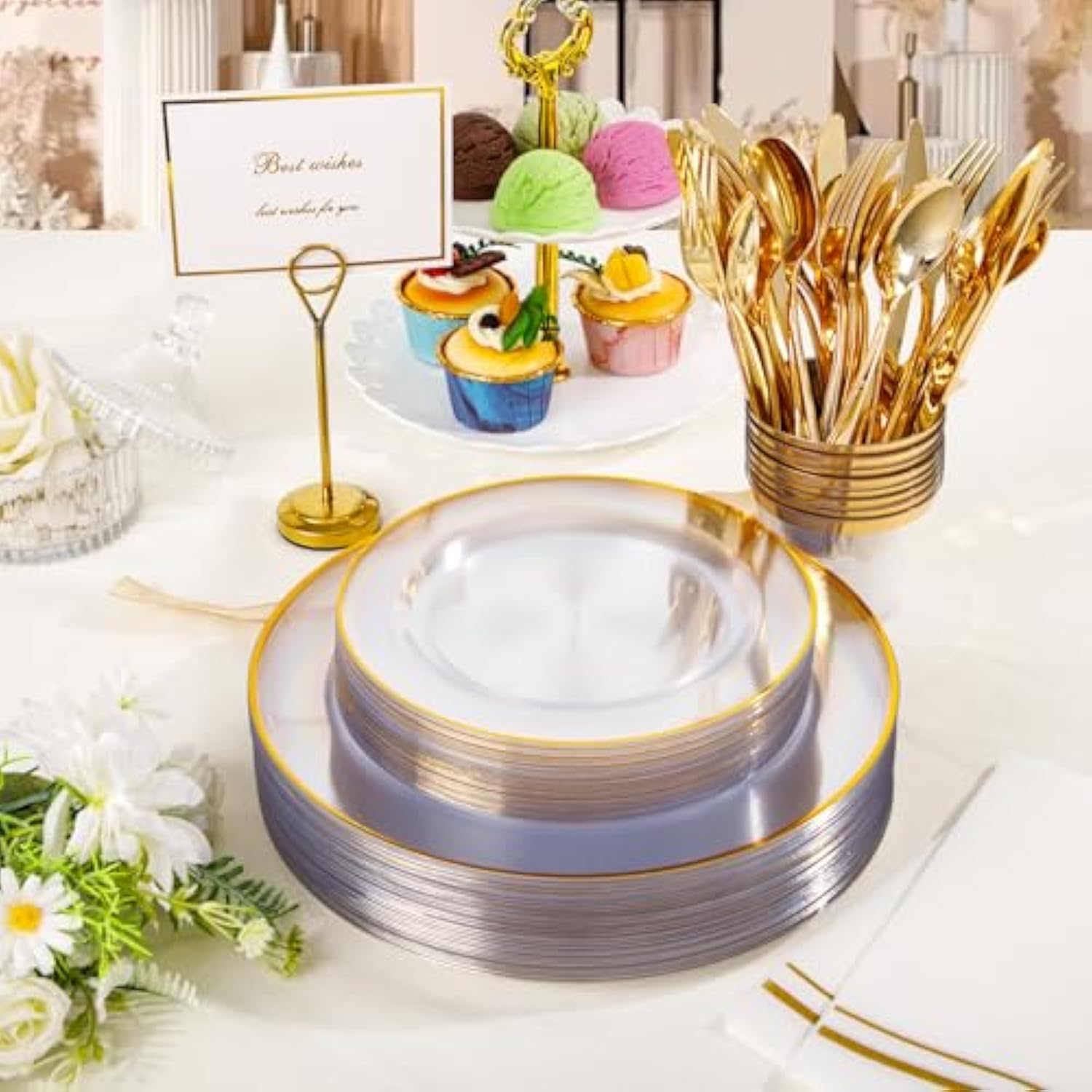 350Pcs Plastic Dinnerware Set For 50 Guests, Clear And Gold Plastic Plates, Disposable Plates And Napkins Party Supplies, Gold Silverware, Plates, Cups And Napkins Sets For Party Weddings