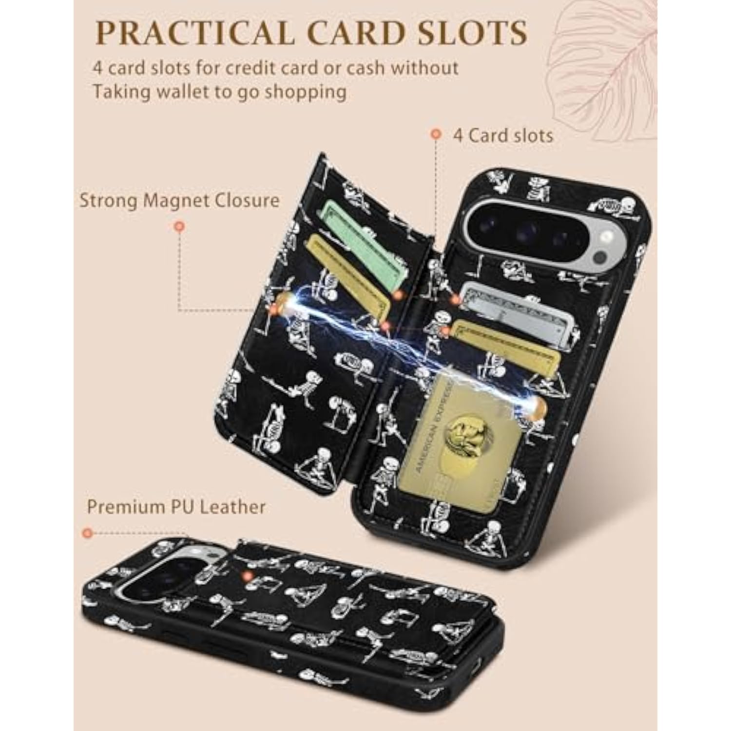 For Google Pixel 9 Pro Xl Wallet Case With Card Holder - Skeleton Design Kickstand For Magnetic Clasp Back Flip Folio Leather Phone Cases For Pixel 9 Pro Xl Case For Women Girls Men