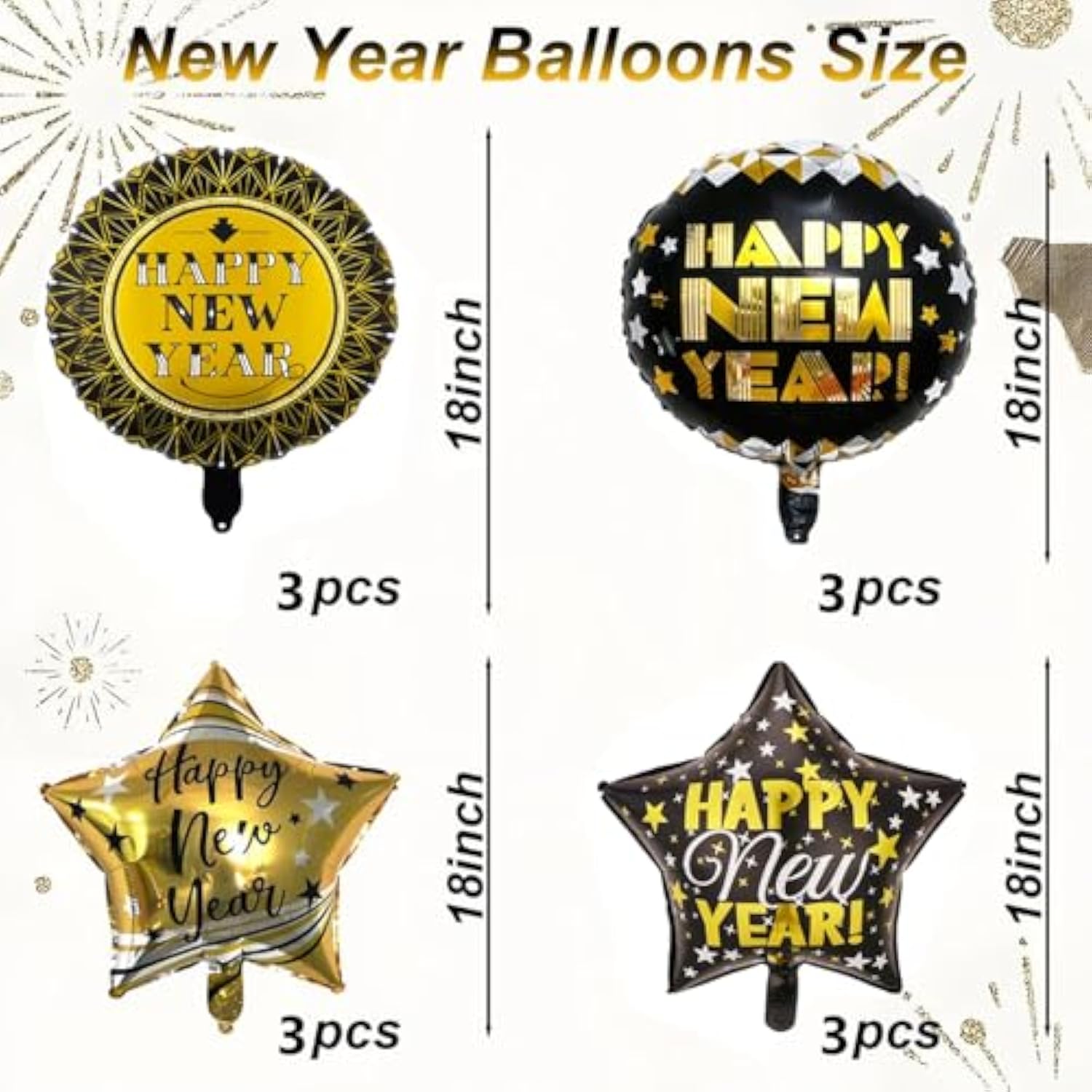 12 Pcs 18 Inch Black Gold Foil Balloons for 2026 New Year Party Decorations