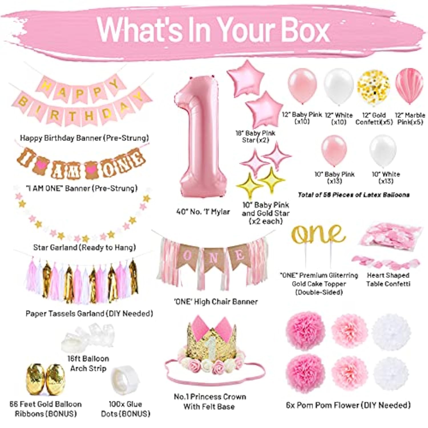 1St Birthday Girl Decorations With Birthday Crown- Baby First Birthday Decorations Girl - Pink And Gold Party Supplies - One Balloon, Heart And Confetti Balloons, Happy Birthday Banner One Cake Topper
