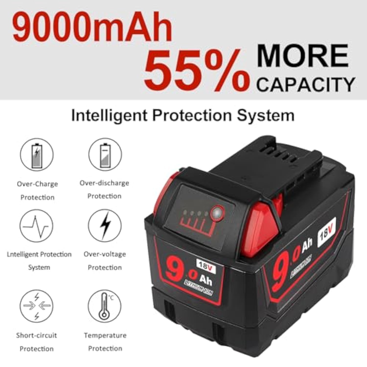 9Ah 18V Lithium Replacement Battery Compatible With Milwaukee 18V 48-11-1815 48-11-1850 48-11-1860 Cordless Power Tools Lithium Batteries