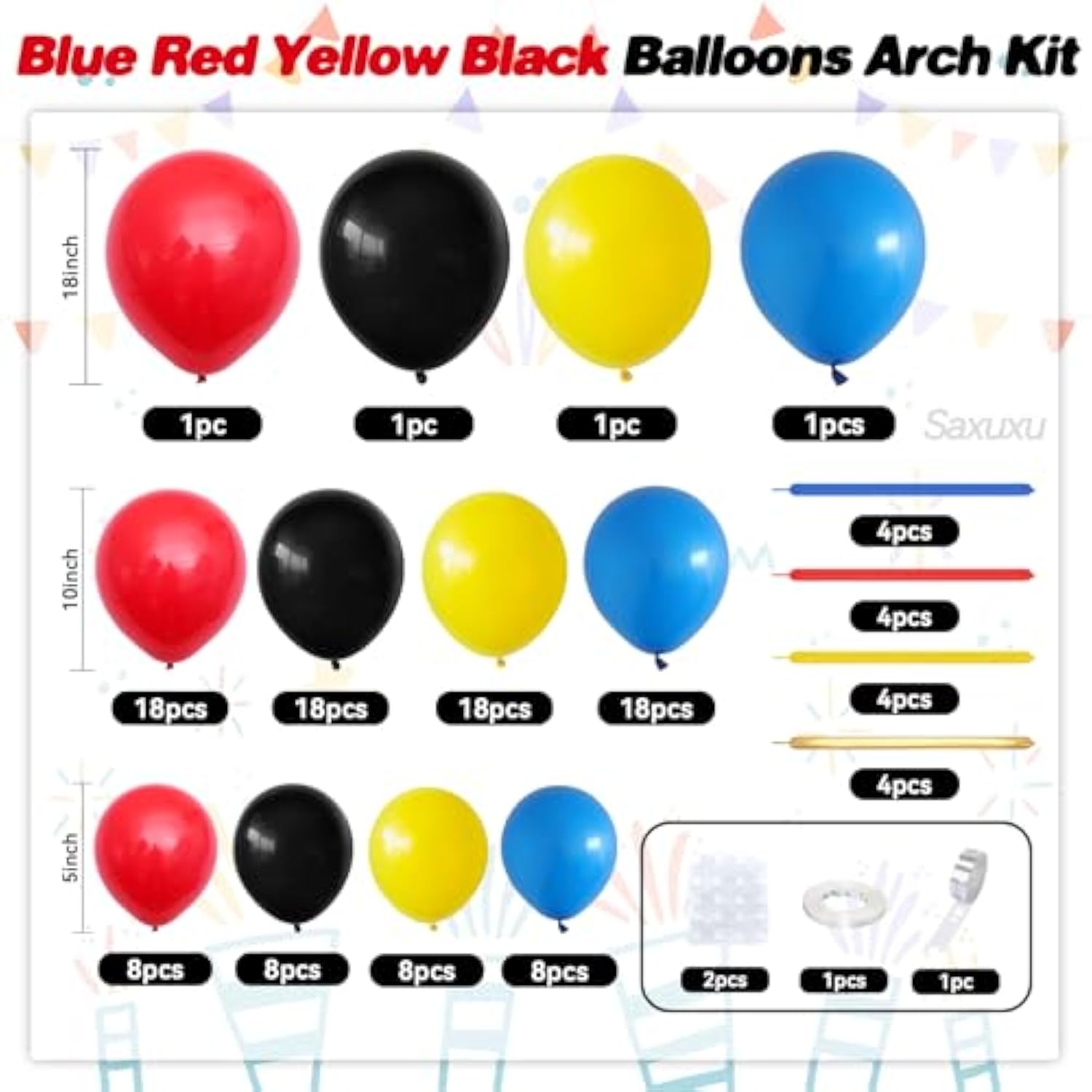 Blue Red Yellow Black Balloon Arch Kit, Blue Red Yellow Balloons Garland Arch Kit, Long Balloons For Birthday Baby Shower Party Wedding Bachelorette Anniversary Graduation Decorations