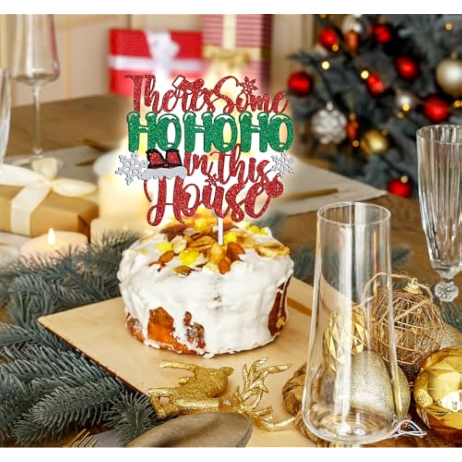 There'S Some Ho Ho Ho In This House Cake Topper, Funny Christmas Cake Decorations, Winter Holiday Festival Family Friends Housewarming Celebration Party Supplies, Red & Green Glitter