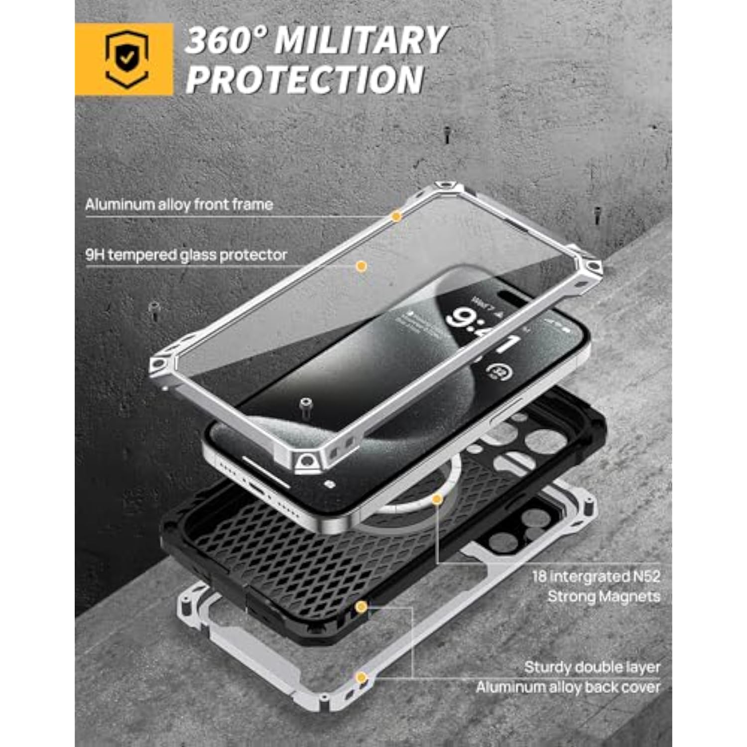 Heavy Duty Metal Case for iPhone 15 Pro Max with Built-in Camera Kickstand and Glass Screen Protector, Silver