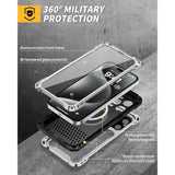 Heavy Duty Metal Case for iPhone 15 Pro Max with Built-in Camera Kickstand and Glass Screen Protector, Silver
