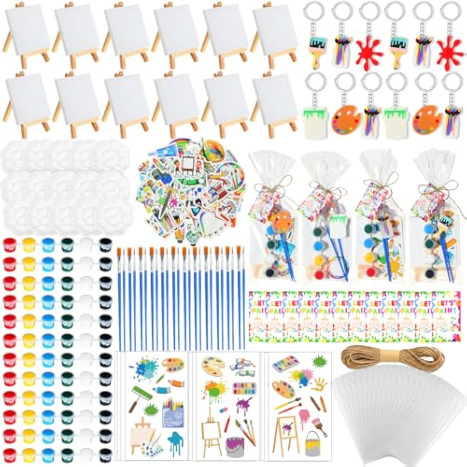 158 Pcs Paint Party Favors Include Mini Watercolor Paint Set Small Canvas With Easel Palette Brush Stickers Tattoo Sticker Keychain For Class Birthday Art Party (Classic Style)