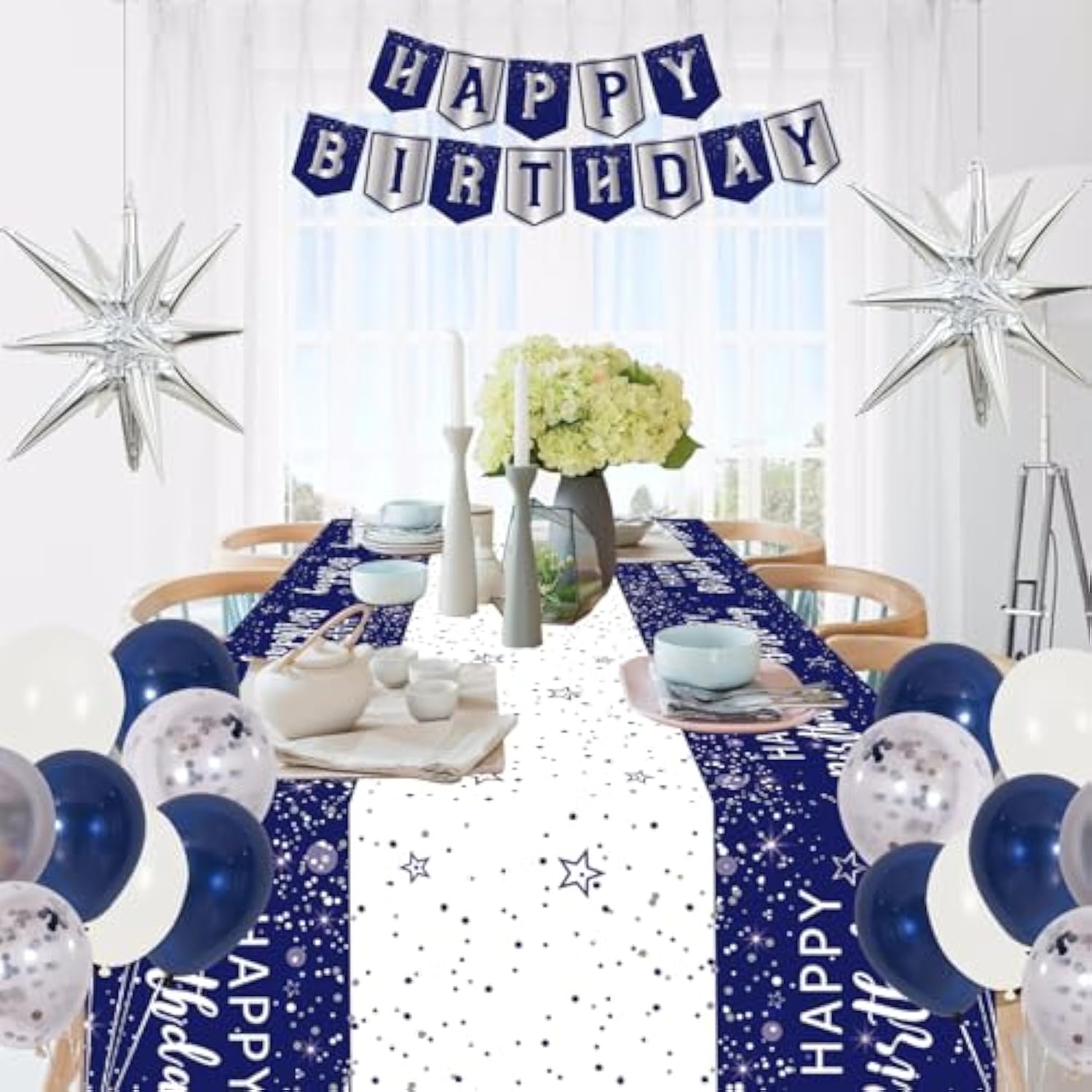 Navy Blue Birthday Decorations For Men Boys Women Girls, 80 Pcs Blue And Silver Party Decorations, Happy Birthday Backdrop Banner Party Supplies Blue Silver Confetti Star Balloons Arch Tablecloth