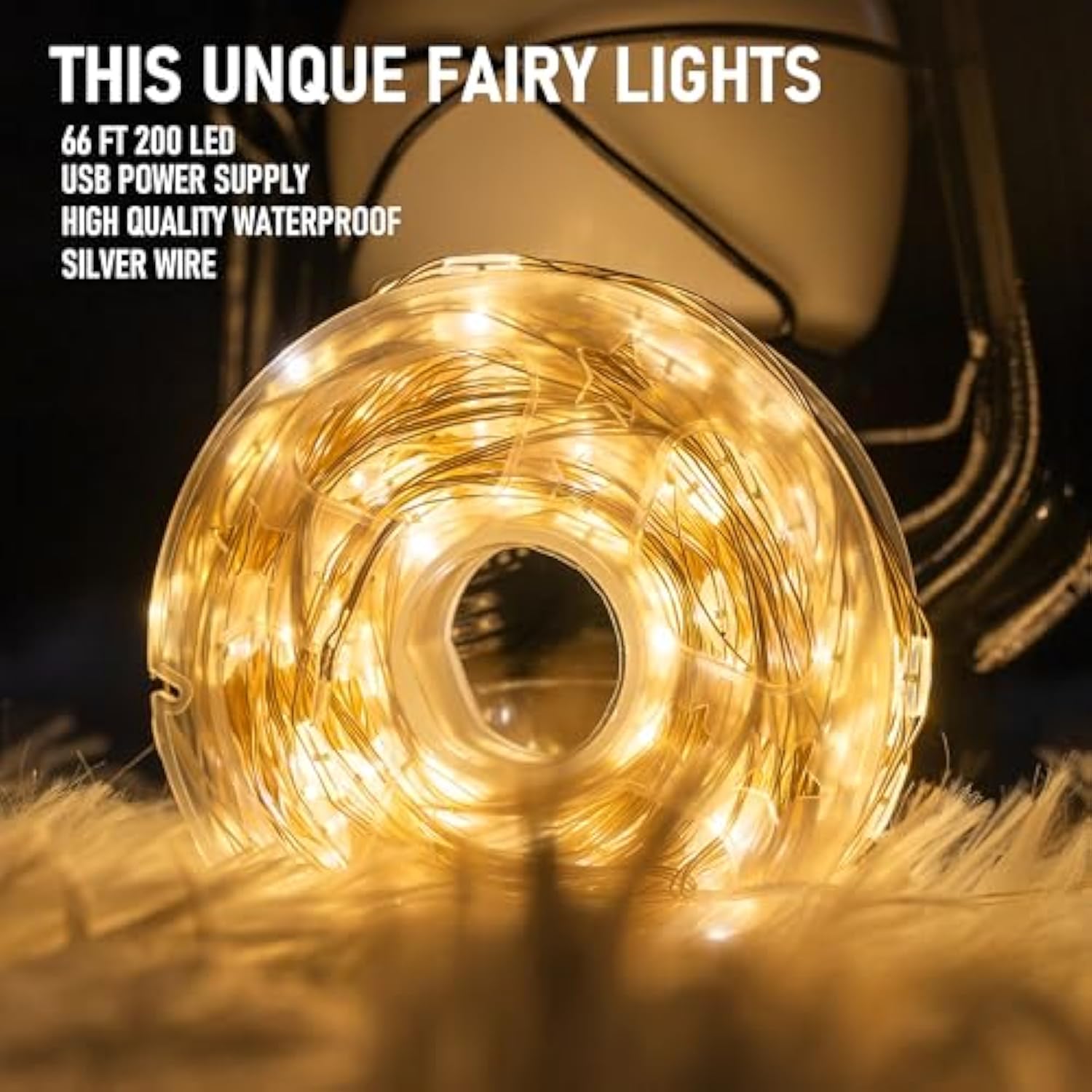 66ft 200-LED Warm White Fairy Lights, USB, Waterproof, 8 Modes, Indoor/Outdoor Use