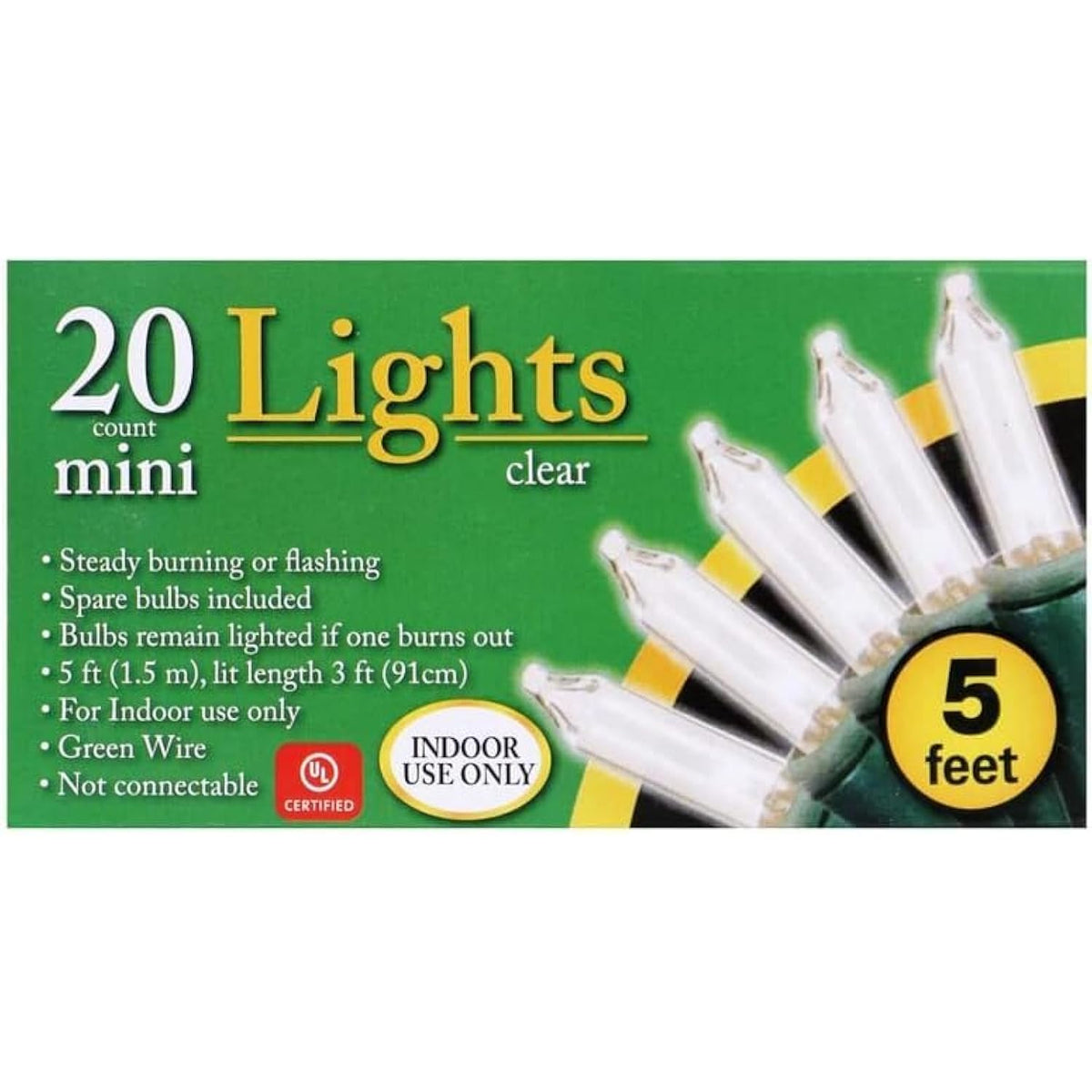 20-Count Clear Christmas Mini Lights, 5 Ft Green Wire Strand