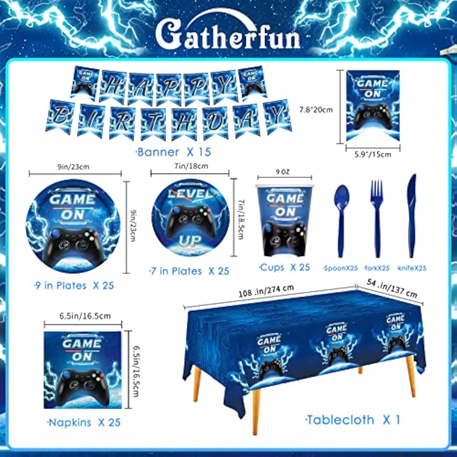Video Game Party Supplies Kit for 25 Includes Plates, Napkins, Cups, Banner & More