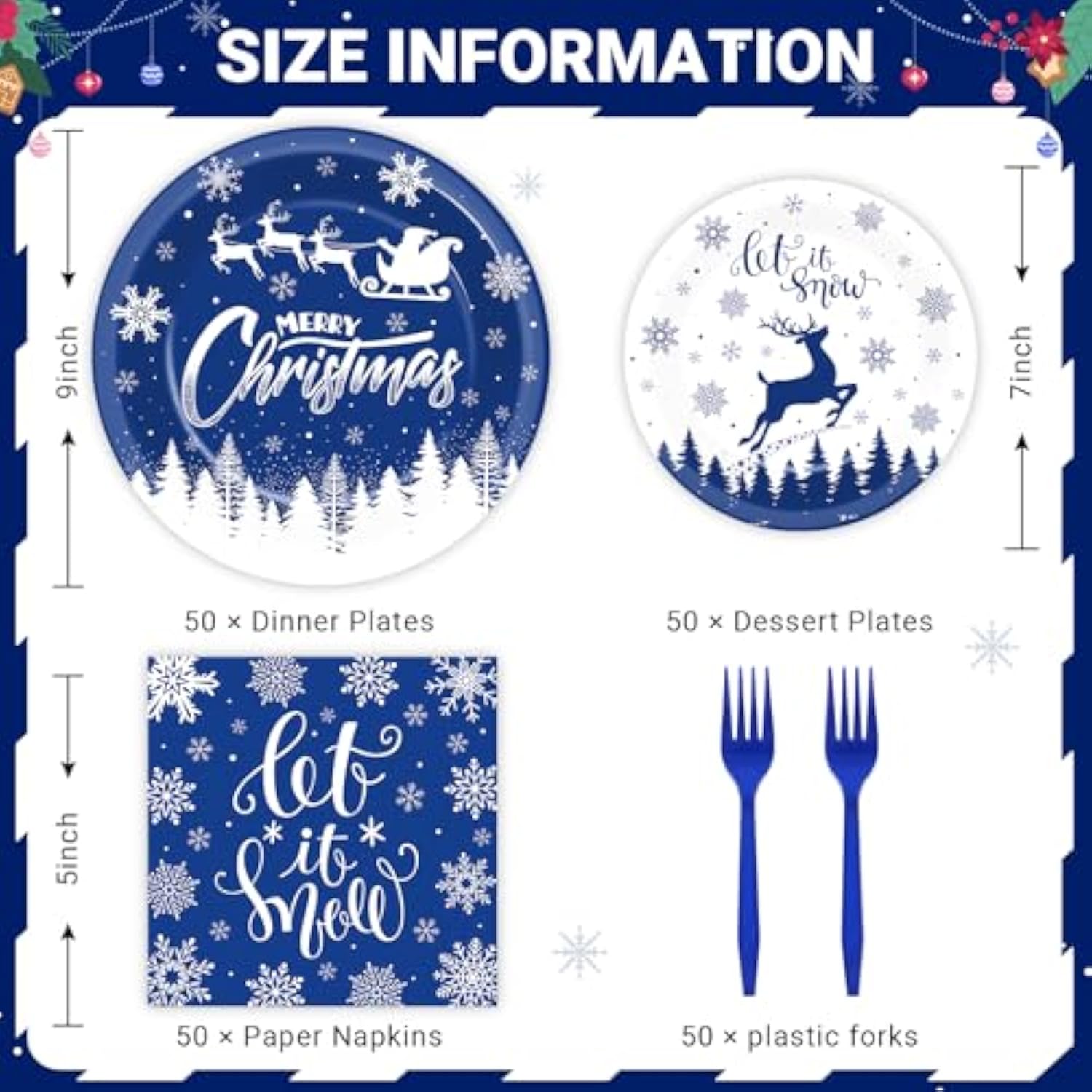 200Pcs Christmas Plates And Napkins Blue Merry Christmas Tableware Set Let It Snow Reindeer Snowflakes Dinnerware Set For Xmas Party Decorations Winter Holiday Birthday Party Serve 50 Guests