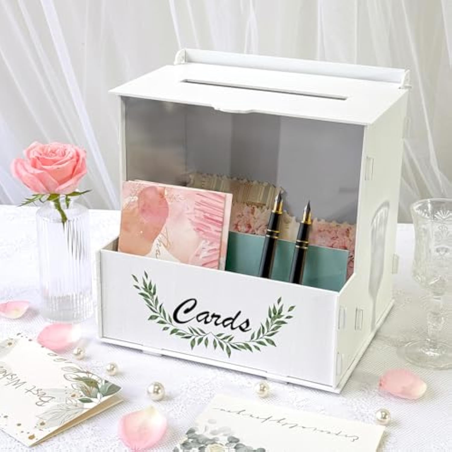 Wooden Wedding Card Box With Acrylic Board & Flower Trough, White Gift Card Box For Wedding, Envelope Boxes For Gifts Bridal Shower Decorations Party Reception Anniversary Baby Shower