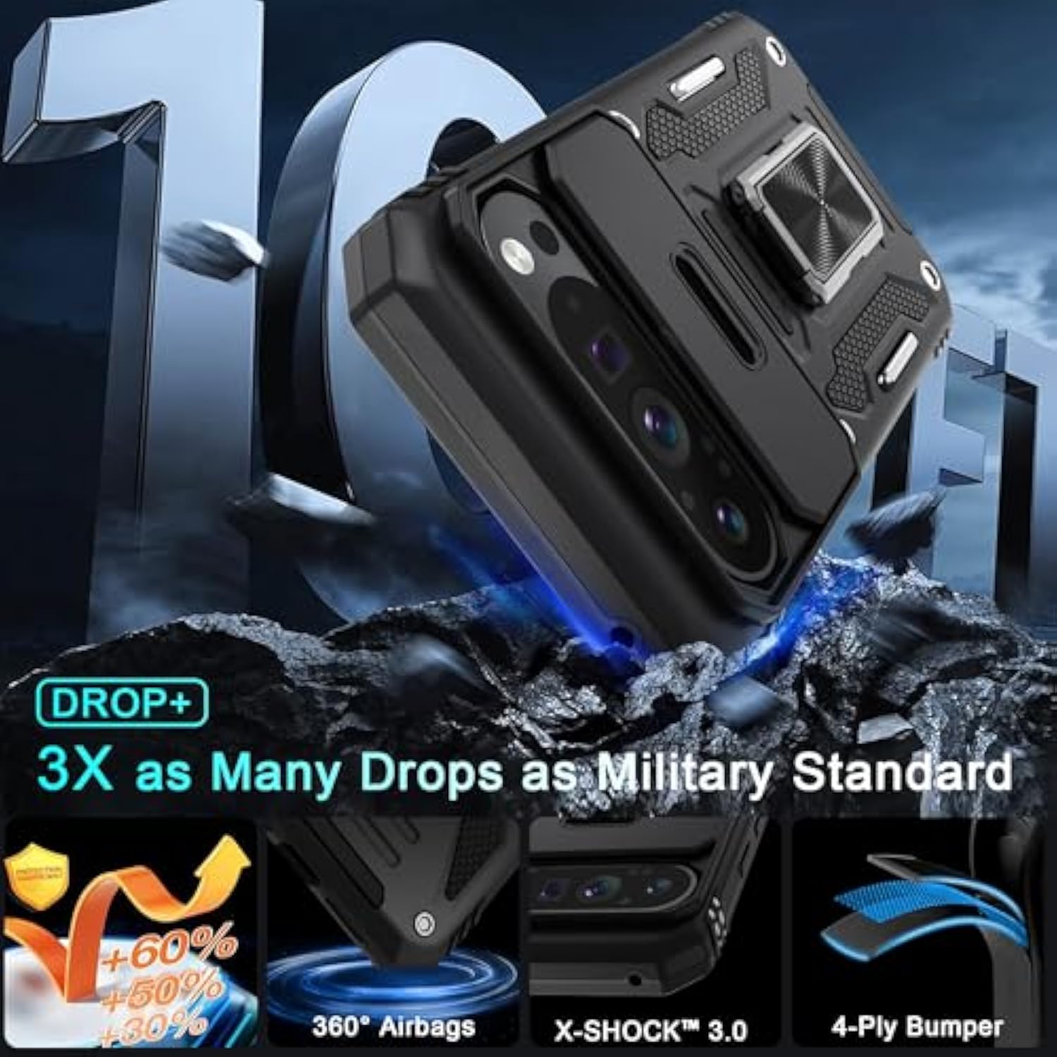 Case For Google Pixel 9 Pro Xl With Slide Camera Cover+Screen Protector(1 Pack), Rotated Ring Kickstand Military Grade Shockproof Protective Cover-Black