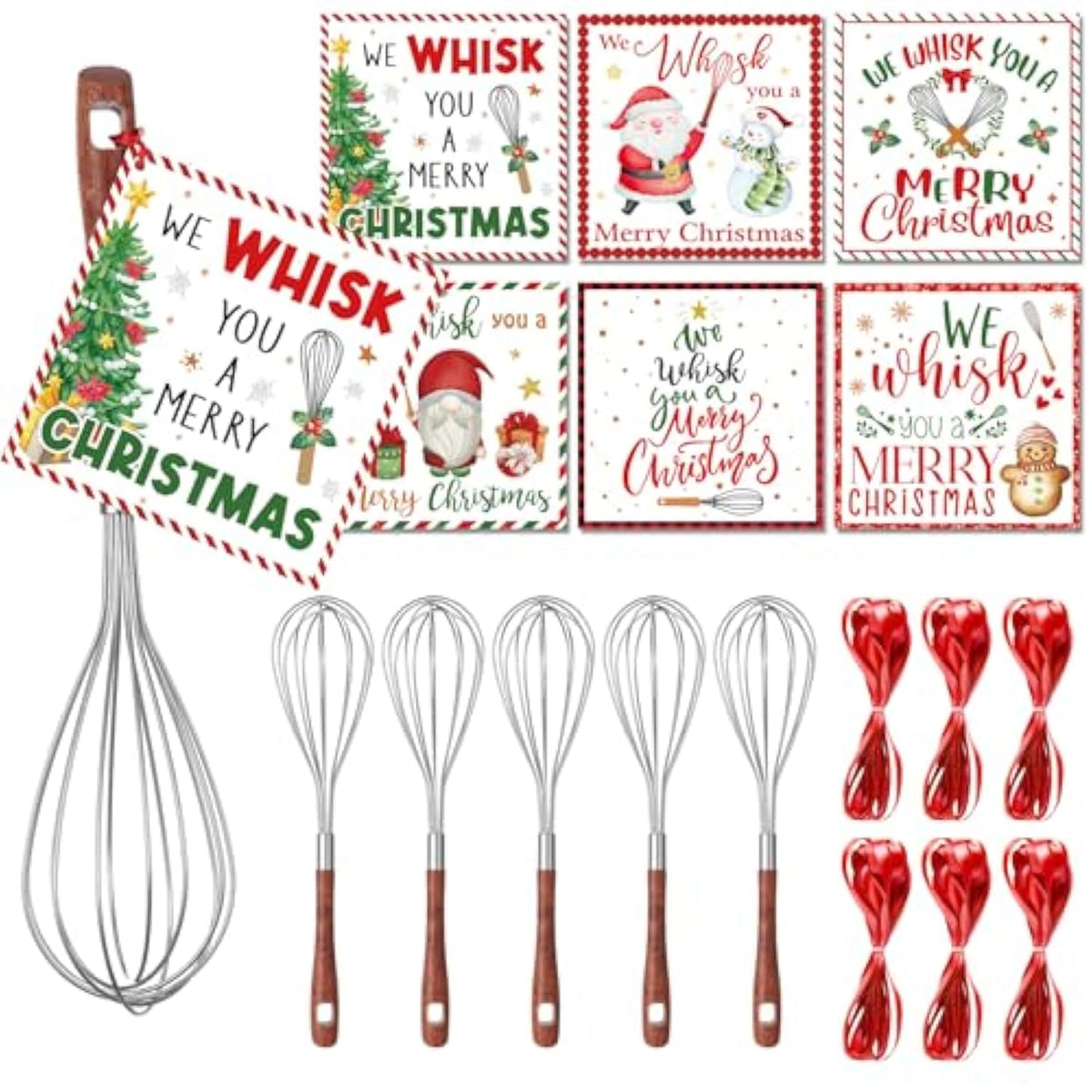 6 Set/12 Pcs Christmas Whisks Gifts Includes 6 Pcs 10 Inch 304 Stainless Steel Whisk With Wooden Handle And 6 We Whisk You A Merry Christmas Greeting Cards For Xmas Cooking Supplies