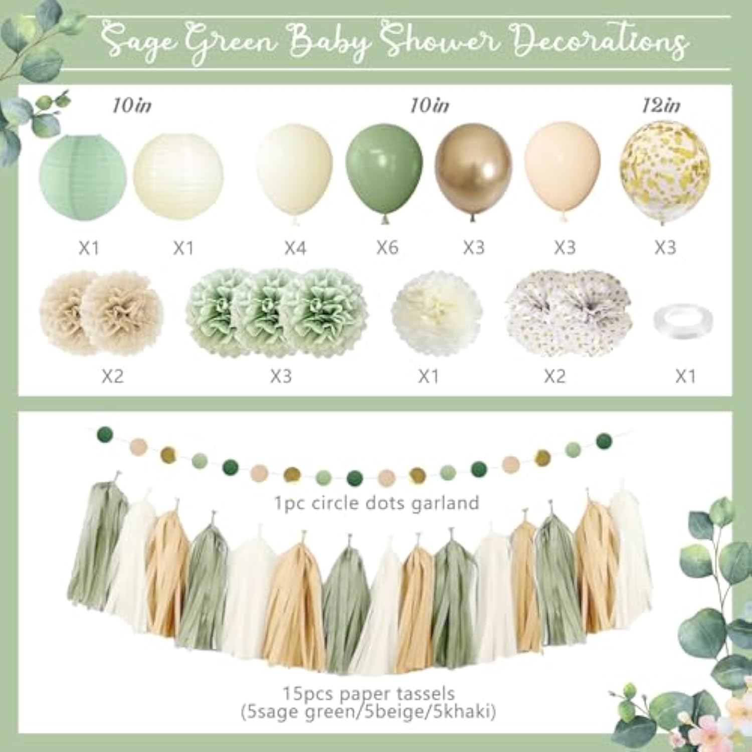51pcs Sage Green Baby Shower Decor Set with Balloons, Banner, Cake Topper & More