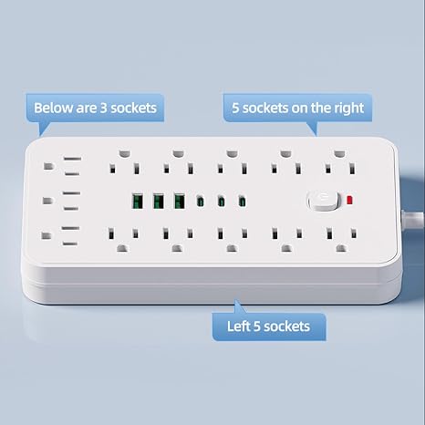 Surge Protector Power Strip 13 Outlets 6 USB Ports 10FT Flat Plug Extension Cord White