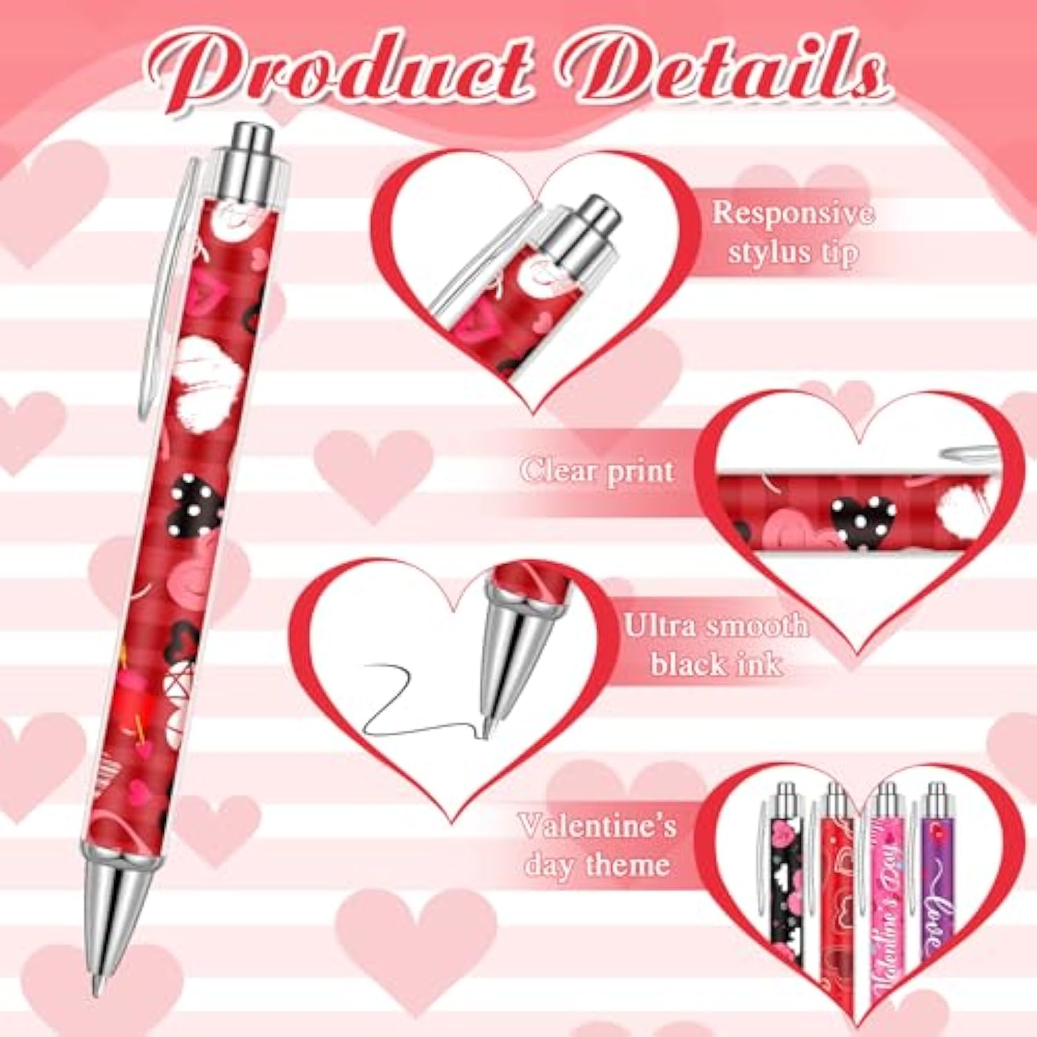 48 Pcs Valentines Day Pens Bulk Valentine'S Day Ballpoint Pens Retractable Heart Black Gel Ink For Wedding Party Exchange Gift Office Supplies