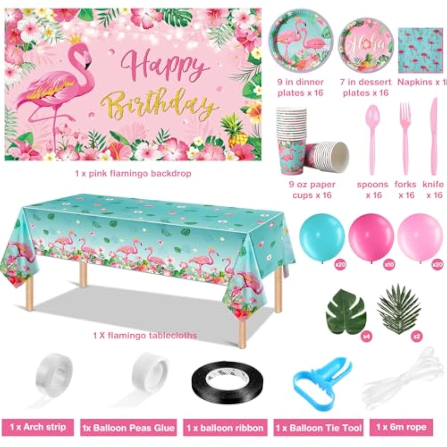171 Pcs Flamingo Birthday Party Supplies 16 Sets Tropical Hawaiian Party Decorations Include Napkins Plates Cups Spoons Forks Knife Balloons Leaves Backdrop Tablecloth For Girls Boys Kids