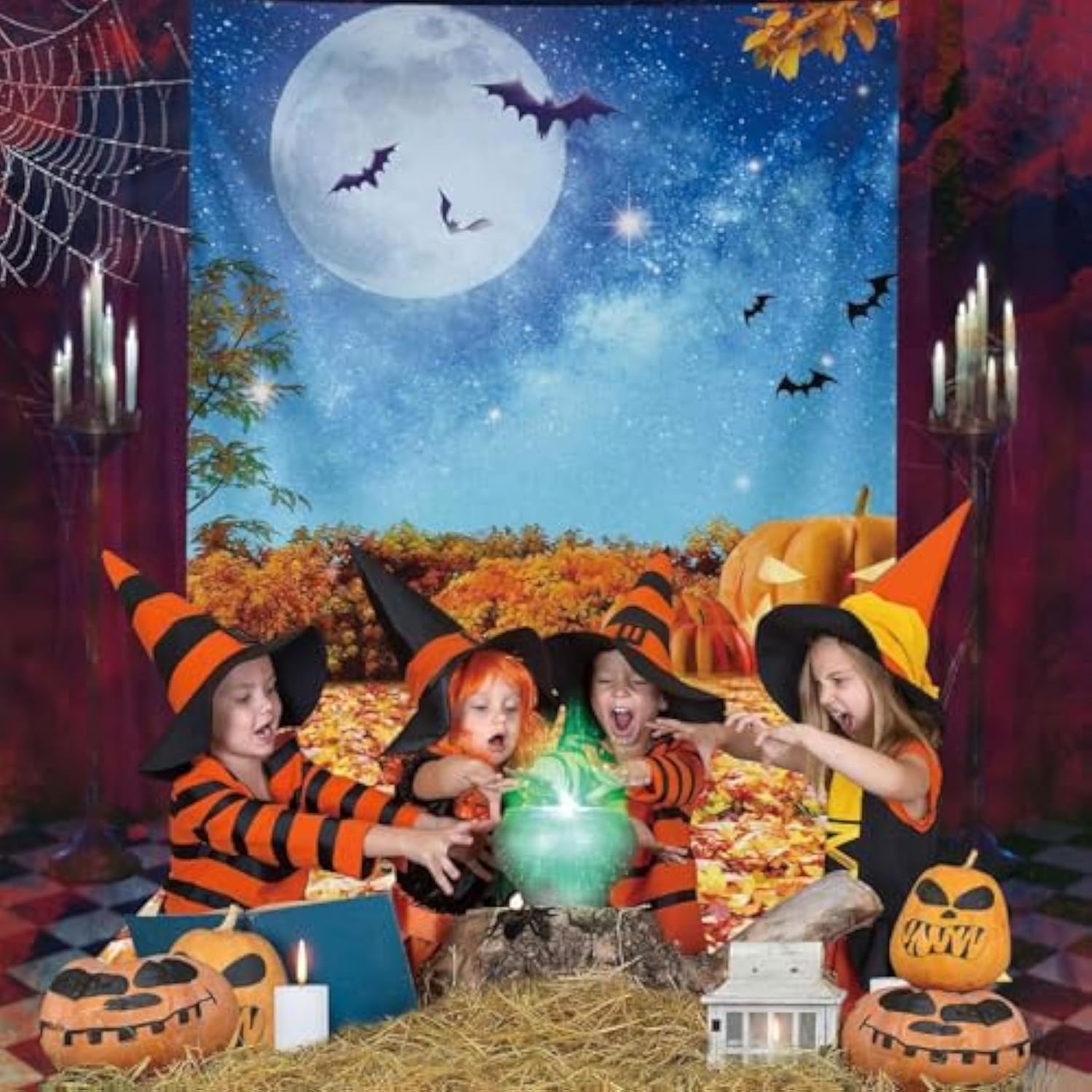 5x7FT Halloween Backdrop Moonlight Pumpkin Fallen Leaves Party Photo Decoration