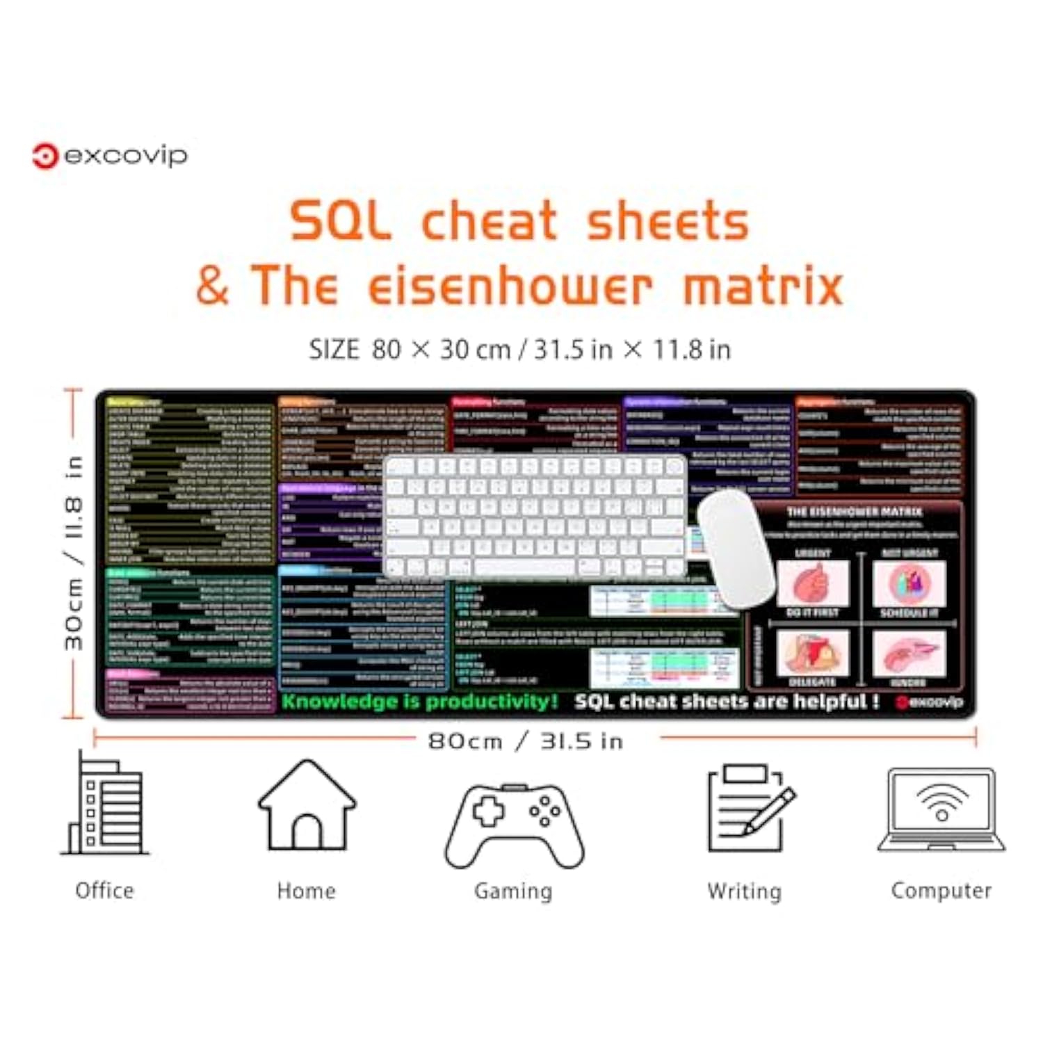 Sql Cheat Sheet Mouse Pad For Database Administrators, Analysts, And Programmers, Shortcut Key Mousepad, Large Anti-Slip Keyboard Pad Mouse Mat 80X30 Cm 0406