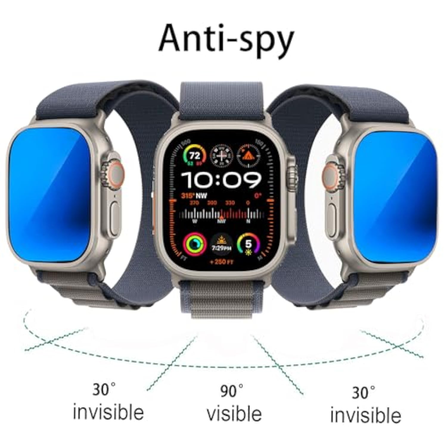 3 Pack Anti-Blue Privacy Tempered Glass For Apple Watch Ultra 2 / Watch Ultra 49Mm Mirror Anti-Spy Screen Protector Anti-Peep Film Electroplated Blue