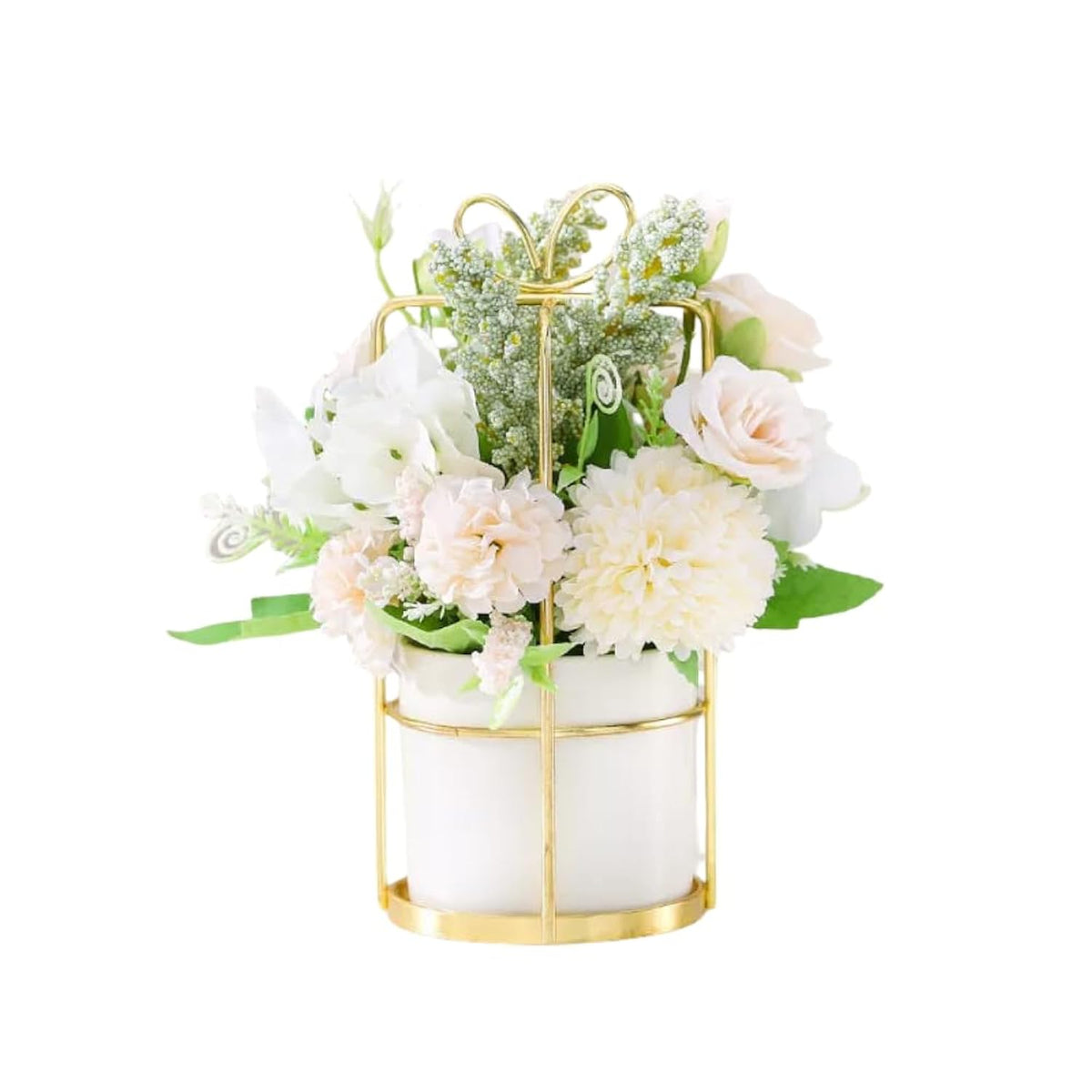 Artificial Flowers In Vase Silk Flowers,Pink Peony Artificial Flowers,Bathroom Decorations,Ceramic Flower Pot Metal Frame Decoration Wedding Table Decoration Birthday Table Decorations (White, 8")