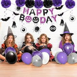 Halloween Party Decorations - Balloon Banner, Paper Pompoms, Cake Topper & Hanging Swirls