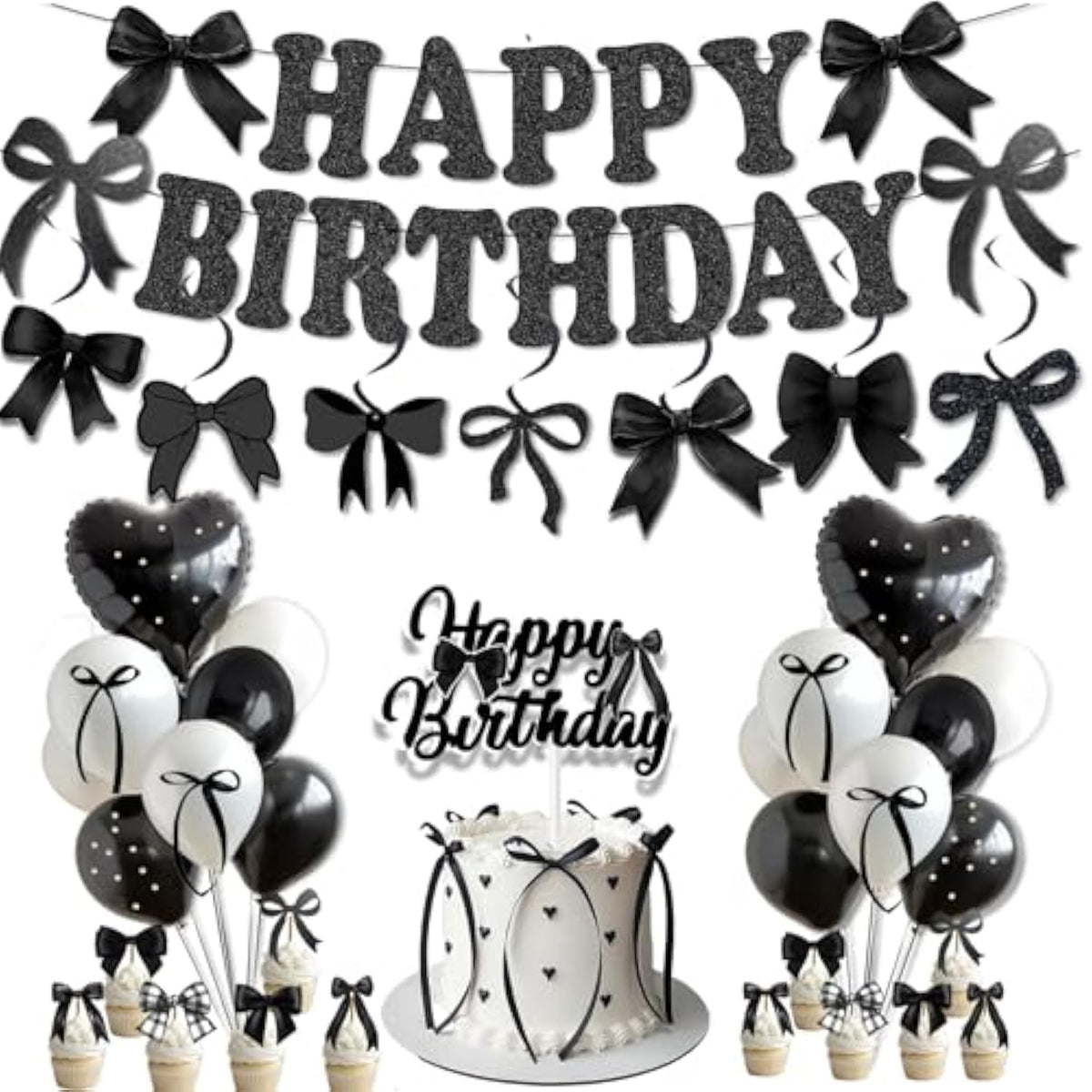 Black Bow Birthday Party Decorations Black And White Balloons Whit Bow Happy Birthday Banner Bow Haning Swirls Bow Cake And Cupcake Toppers For Girls Baby Shower Coquette Birthday Party Decorations