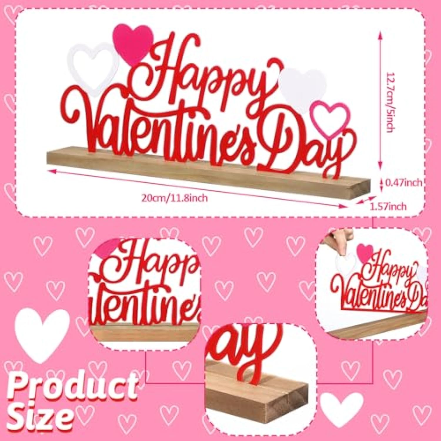 Happy Valentine'S Day Metal Sign Valentines Table Centerpiece Valentine Tiered Tray Decor Freestanding Red Pink Heart Table Sign With Wood Base For Home Office Mantel Shelf Fireplace Desk