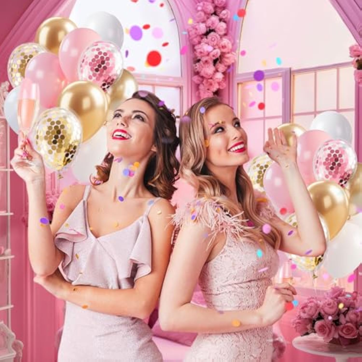 Pink Gold Confetti Balloons 12 Inch White Pink Gold Birthday Balloons For Women & Girl Party Supplies For Baby Shower Wedding Bridal Shower Graduation Bachelorette Princess Party