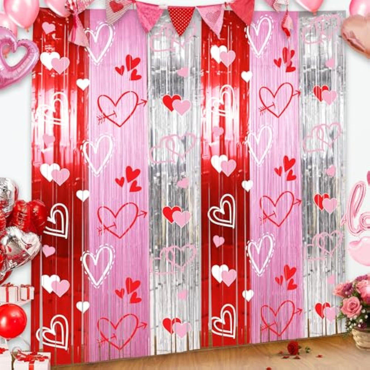 Foil Fringe Curtains Backdrop Valentines Party Decorations, 2 Pack 3.3 X 6.6 Ft Red Pink Silver Tinsel Valentines Day Backdrop, Valentine Photo Backdrops Galentines Day Decor Wedding Party Decor