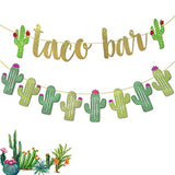 2Set Fiesta Taco Bar Cactus Banner, Gold & Green Glittery Decorations for Cinco De Mayo