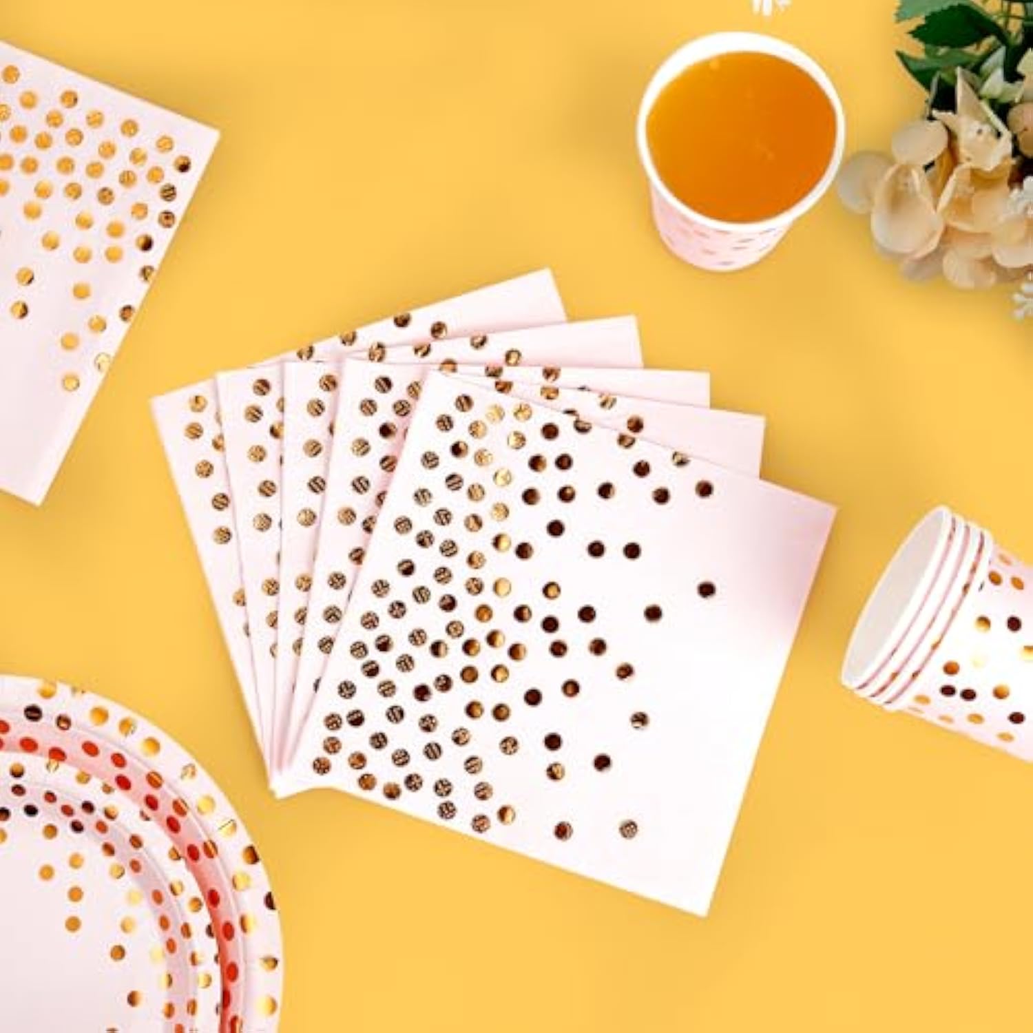 Pink And Gold Party Supplies - 350 Pcs Disposable Dinnerware Set - Pink Paper Plates Napkins Cups, Gold Plastic Forks Knives Spoon For Graduation, Birthday, Cocktail Party