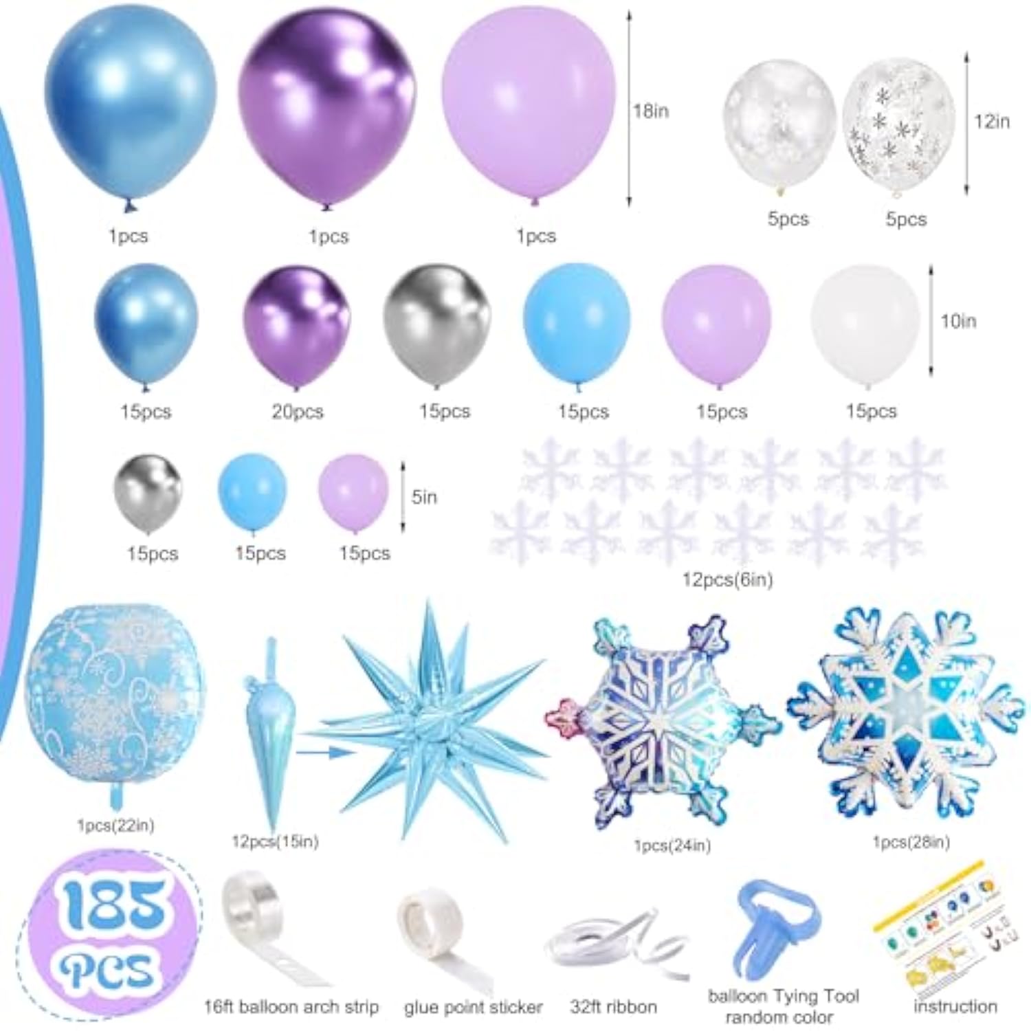 185Pcs Ice Snow Balloons Garland Arch Kit, Purple Blue Silver Balloon Garland, Snowflake Foil Balloons For Winter Wonderland Birthday, Snowflake Baby Shower, Christmas, Holiday, Winter Party Supplies