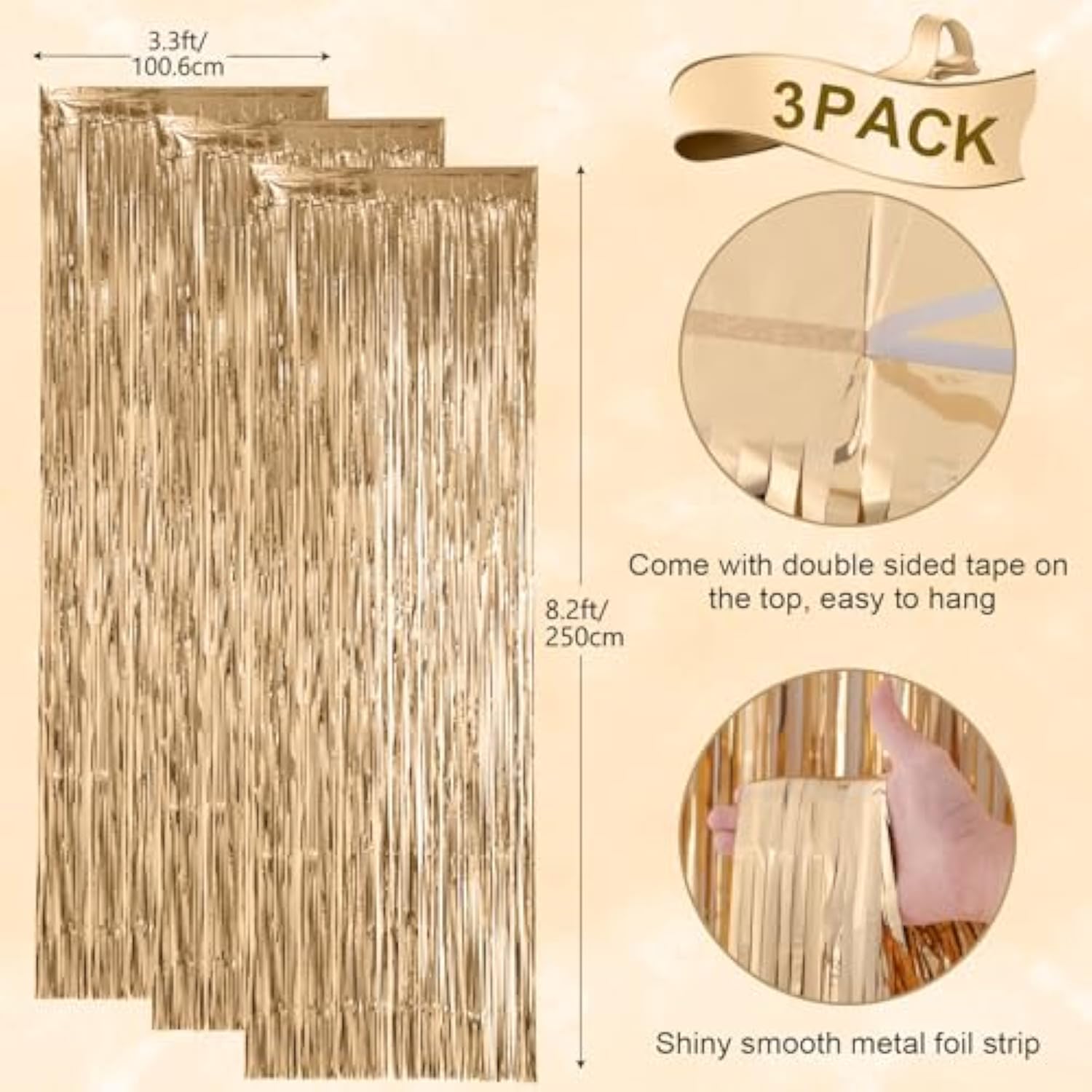 3PCS Champagne Foil Fringe Curtains, 3.3x8.2ft Tinsel Backdrop for Party & Event Decor