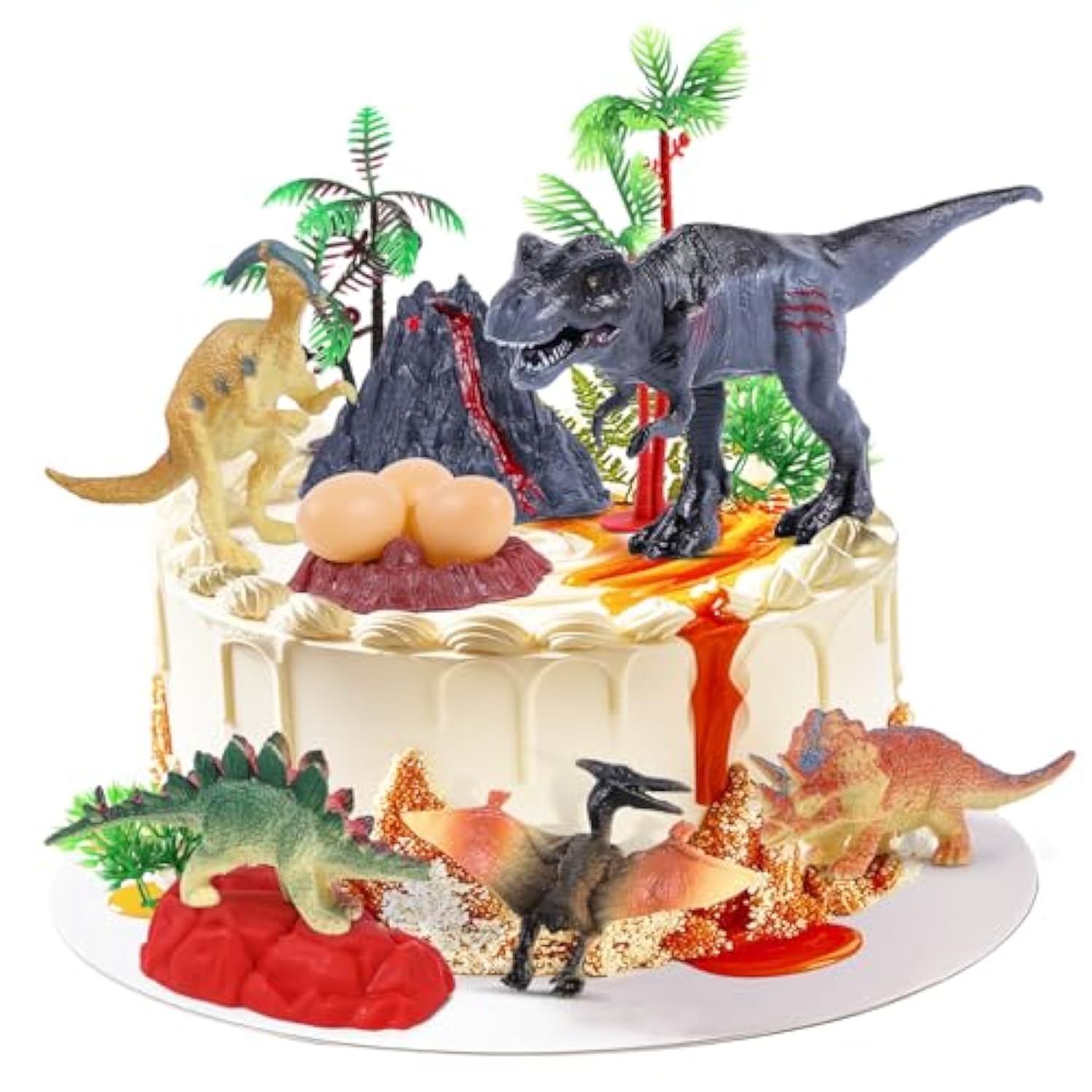 15Pcs Dinosaurs Cake Toppers, Trex Dino Eggs Volcano Tree Cake Decorations For Kids Birthday Baby Shower Jurassic Wild Animal Dinosaur Theme Party Supplies
