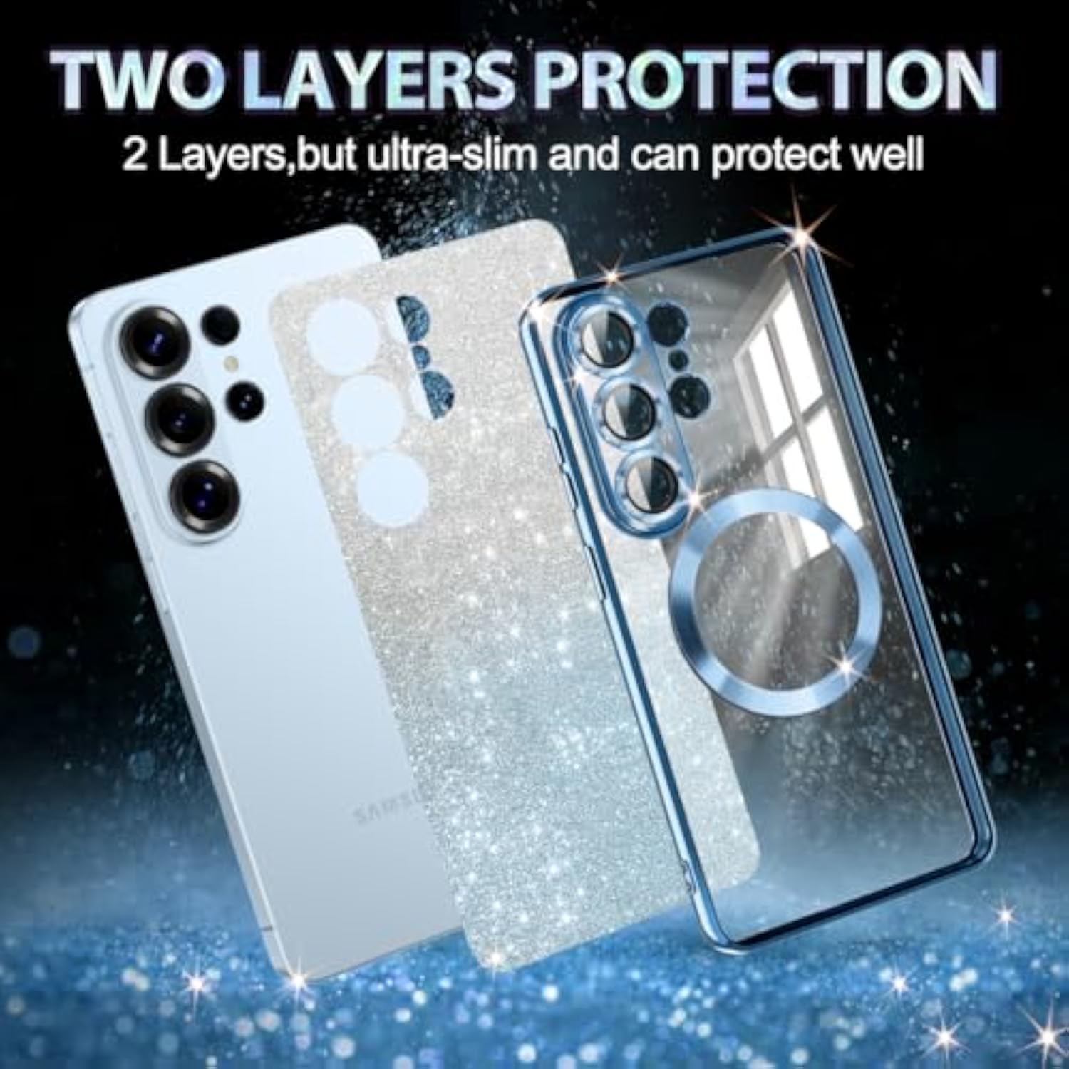 Galaxy S26 Ultra Case with MagSafe Compatible Clear Magnetic Glitter Gradient Sparkle Luxury Plated Soft TPU Bumper Full Camera Lens Protector for Samsung Galaxy S26 Ultra 5G Blue