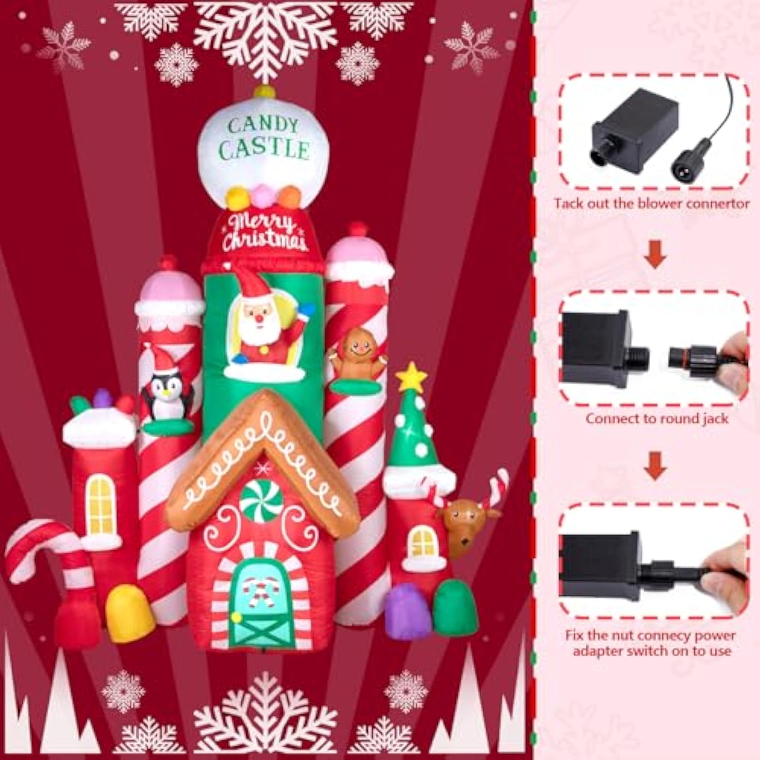 10 Ft Christmas Inflatable Decorations,Gaint Candy Castle Inflatable With Santa,Reindeer,Penguin,Gingerbread - Blow Up Y
