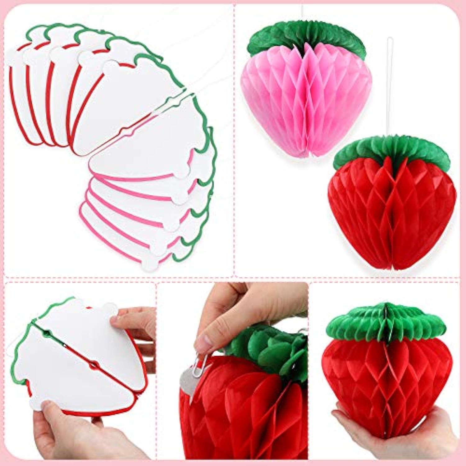 10 Pieces 6 Inch Paper Strawberry Honeycomb Ball Tissue Paper Strawberry Ball For Birthday Party Decoration(Red And Pink)