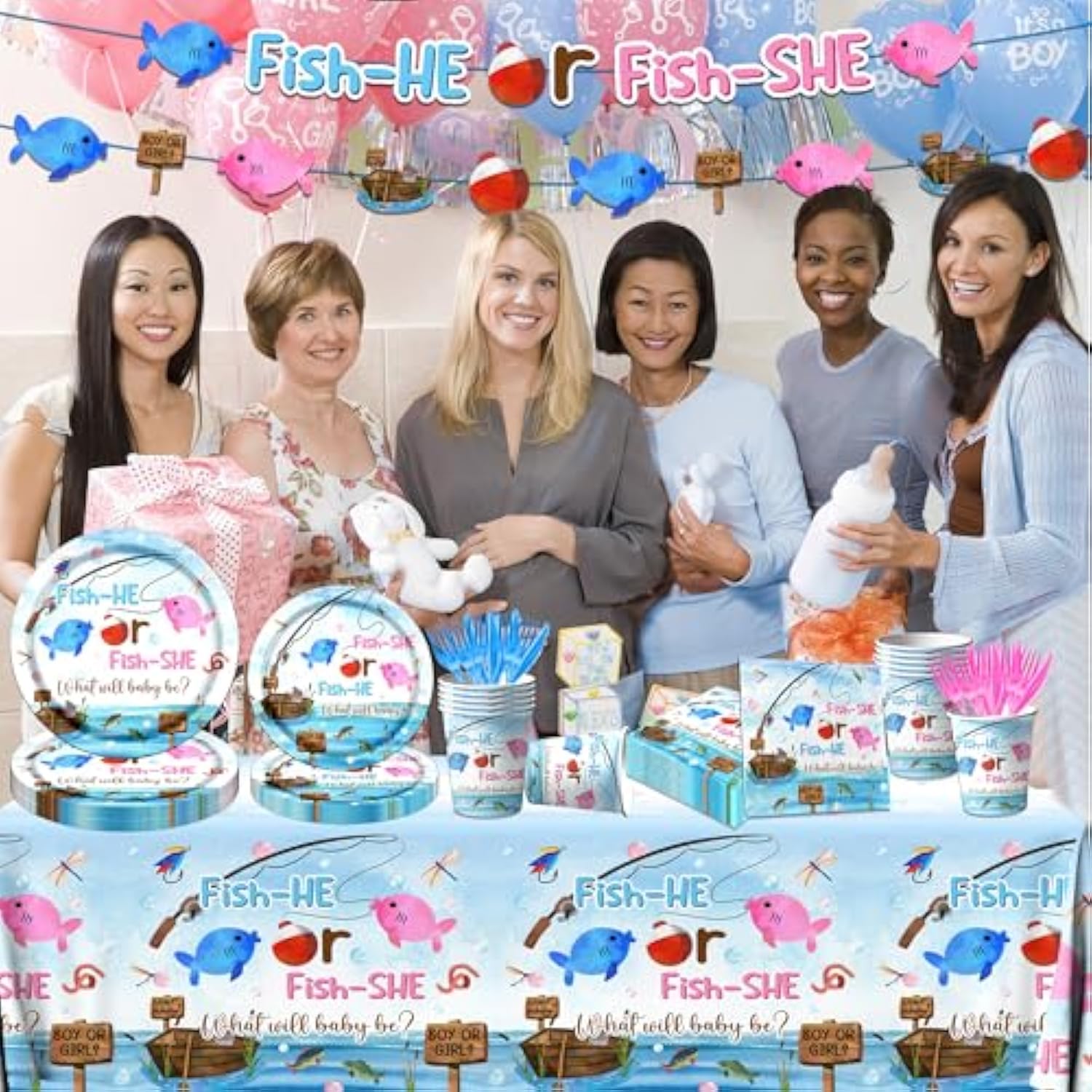 Gone Fishing Gender Reveal Party Tableware 142Pcs Fish She Or Fish He Gender Reveal Disposable Tablecloth,Plates,Napkins,Cups,Forks And Knives For Baby Shower Decoration Of Gender Reveal
