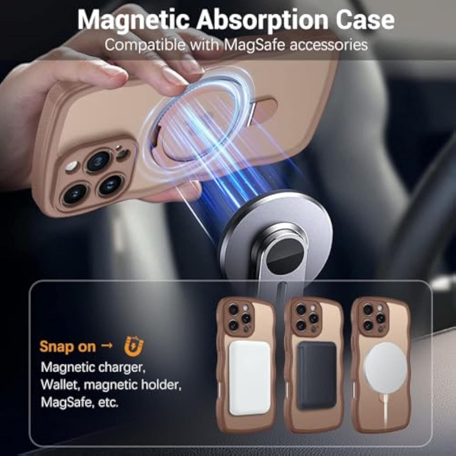 For Magnetic Iphone 16 Pro Max Case 2024, [Compatible With Magsafe] [Curly Wave Frame Design] Non-Slip Easier Grip Kickstand Ring Holder Protective Bumper Cute Phone Cover, Desert Titanium