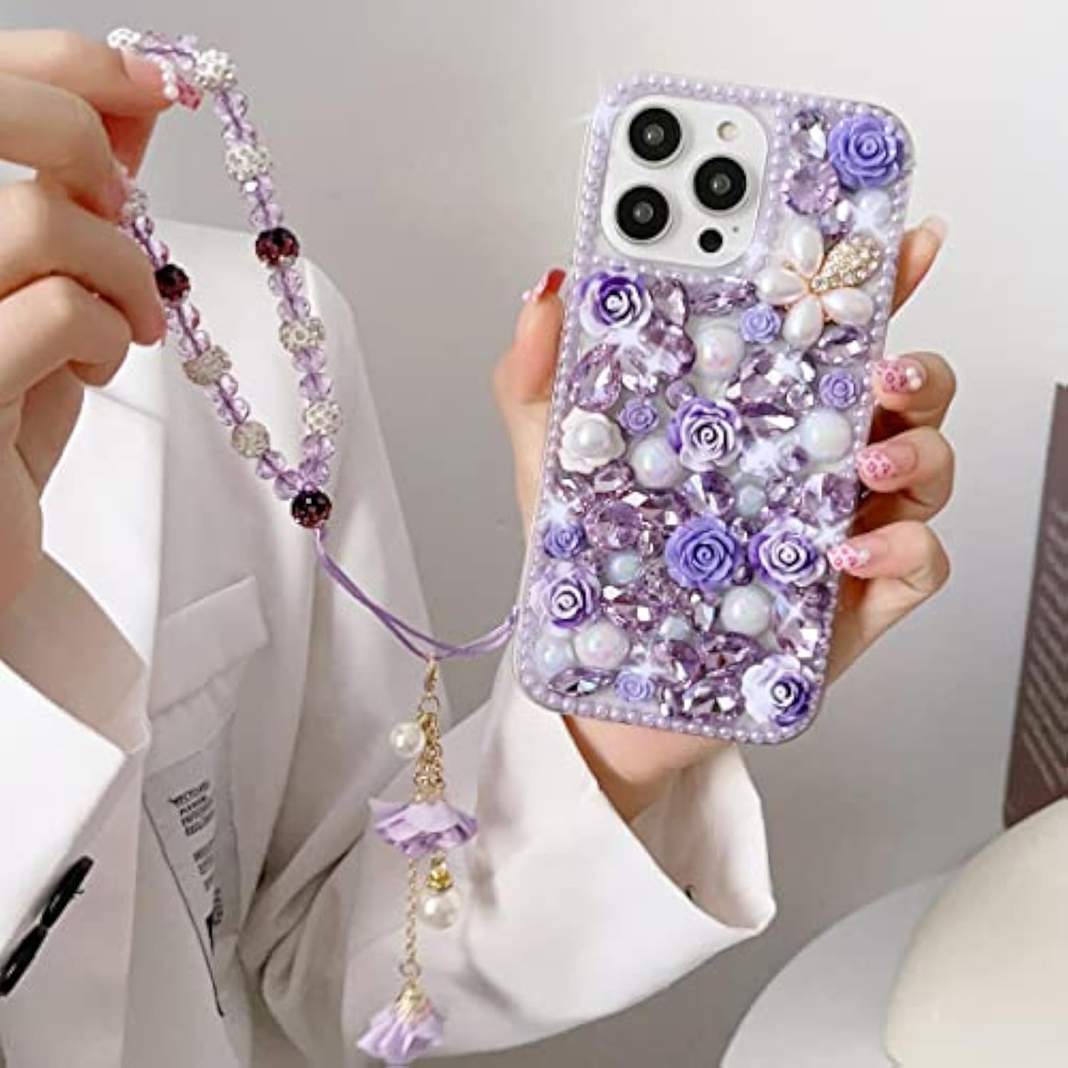For Iphone 15 Glitter Bling Case,Cute Luxury 3D Crystal Rhinestone Diamond Sparkle Shiny Gems Flower Pearl With Lanyard Wrist Strap Women Girls Protective Case For Iphone 15 6.1 Inch (Purple)